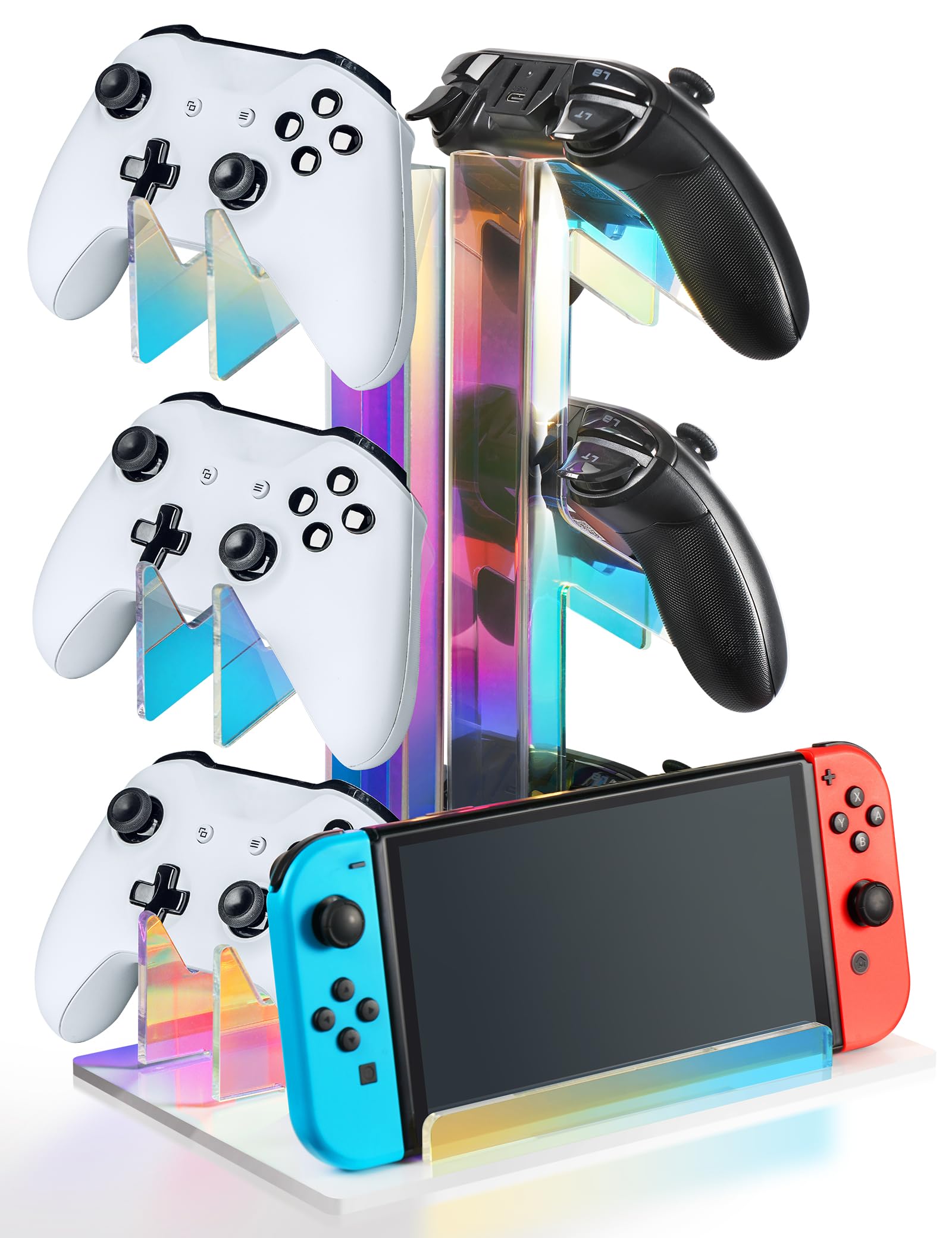 NiHome Iridescent Acrylic 3-Tier Game Controller Stand - Universal Holder for PS5, Xbox ONE, Switch Controllers & Headsets - Anti-Slip Stable Gaming Organizer with White Base - Perfect for Gaming Setup & Accessories Storage
