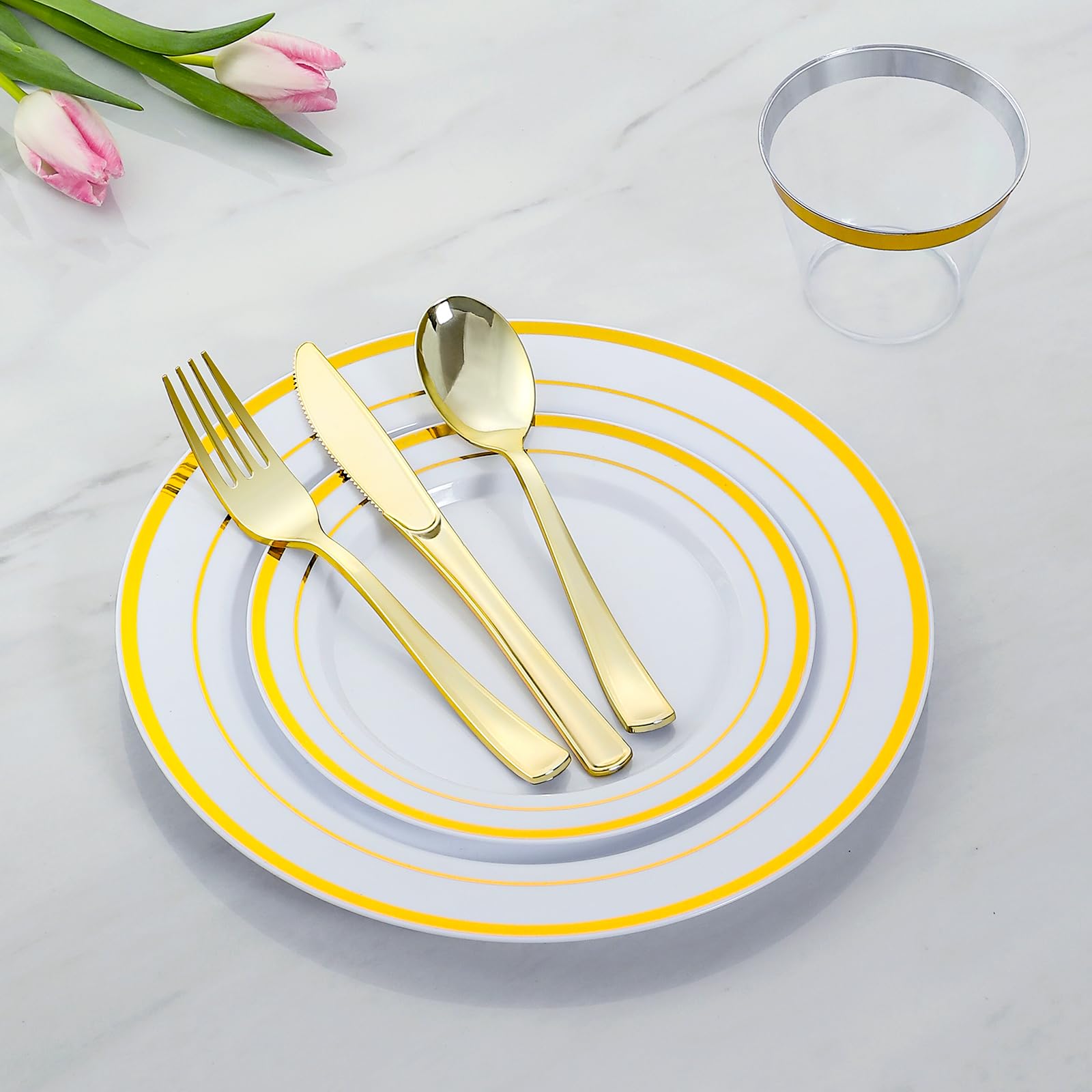 600-Piece Gold Plastic Dinnerware Set for 100 Guests - Disposable Plates, Forks, Knives, Spoons & Cups for Parties, Weddings, Birthdays - Elegant & Convenient for Large Gatherings & Events