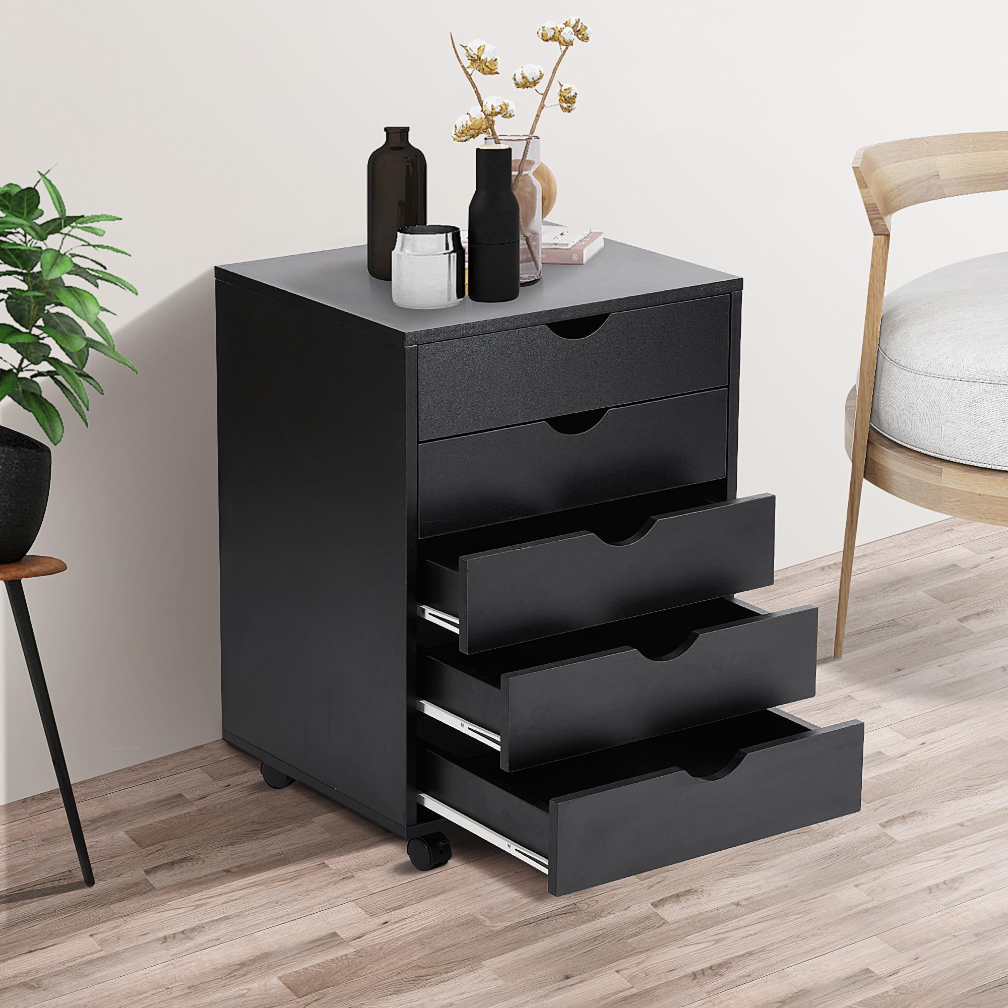 NEWBULIG 5-Drawer Wooden Storage Organizer with Wheels - Rolling File Cabinet, Printer Stand for Home Office, Study & Dressing Room Organization (Ideal for Document Storage & Workspace Organization)