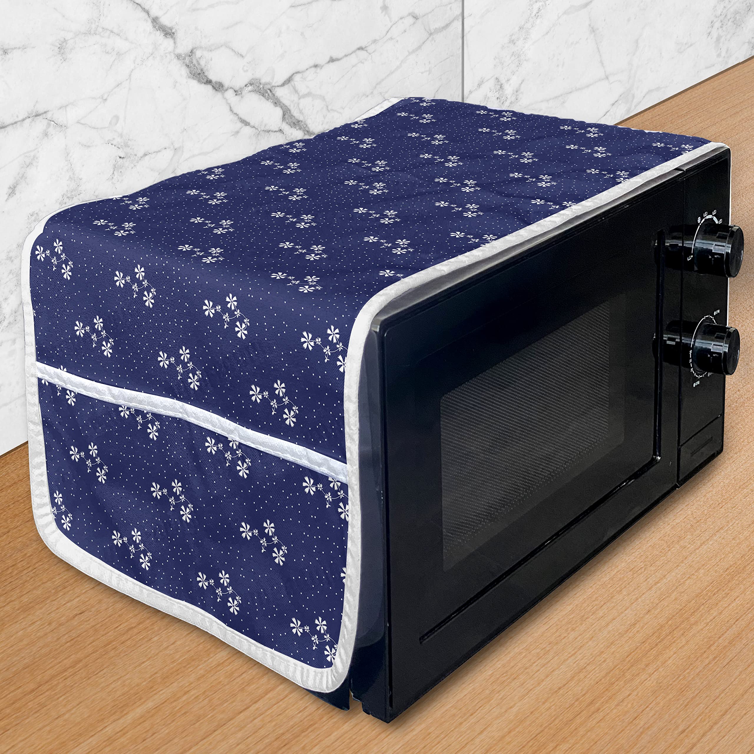 Ambesonne Navy Blue Microwave Oven Cover - Floral Pattern with Dots, Waterproof Kitchen Organizer with Pockets, 36
