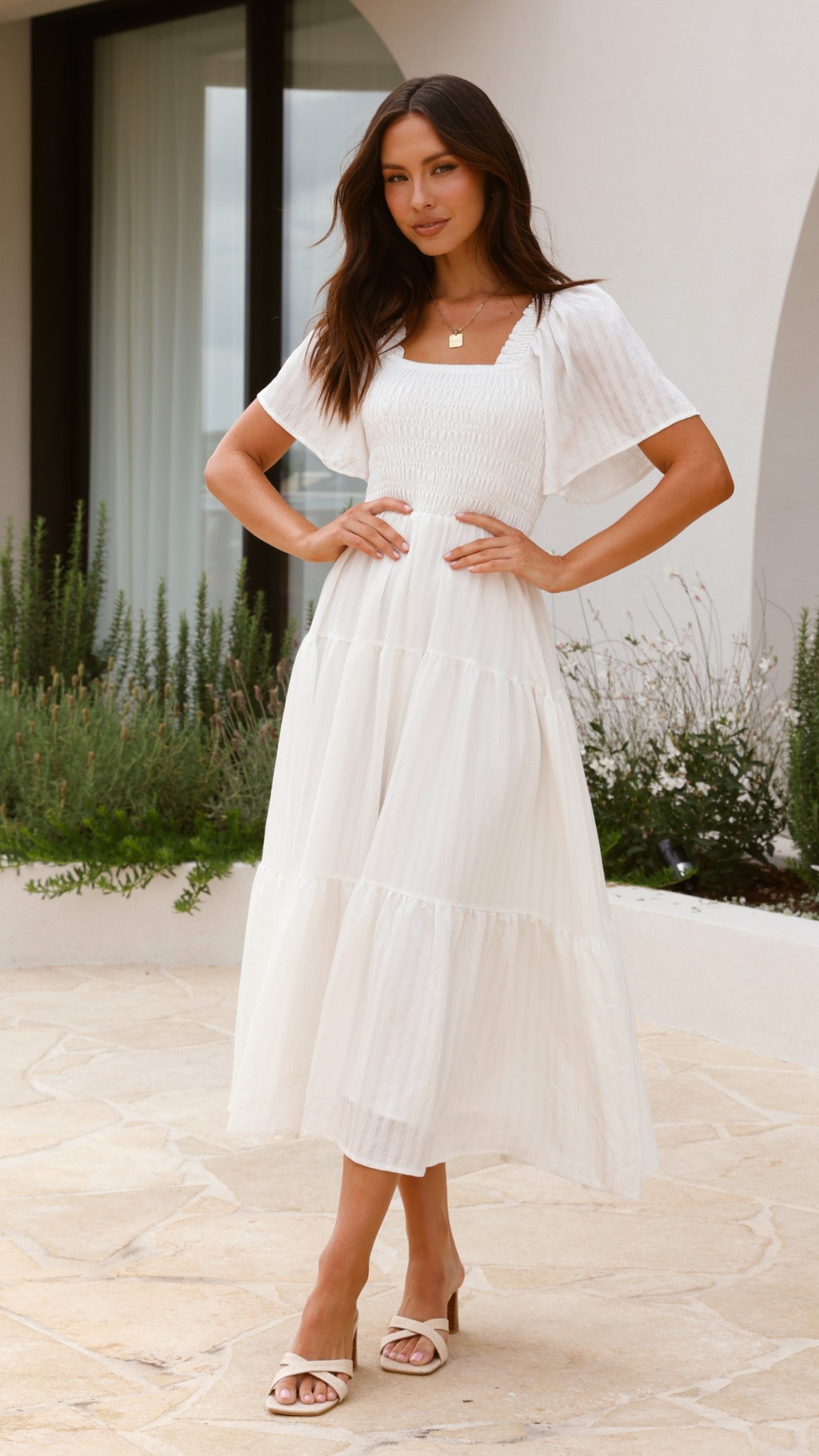 Lainey Midi Dress for Women - Elegant White Summer Dress for Casual Wear, Office, Party & Date Night | Flowy A-Line Knee Length Dress