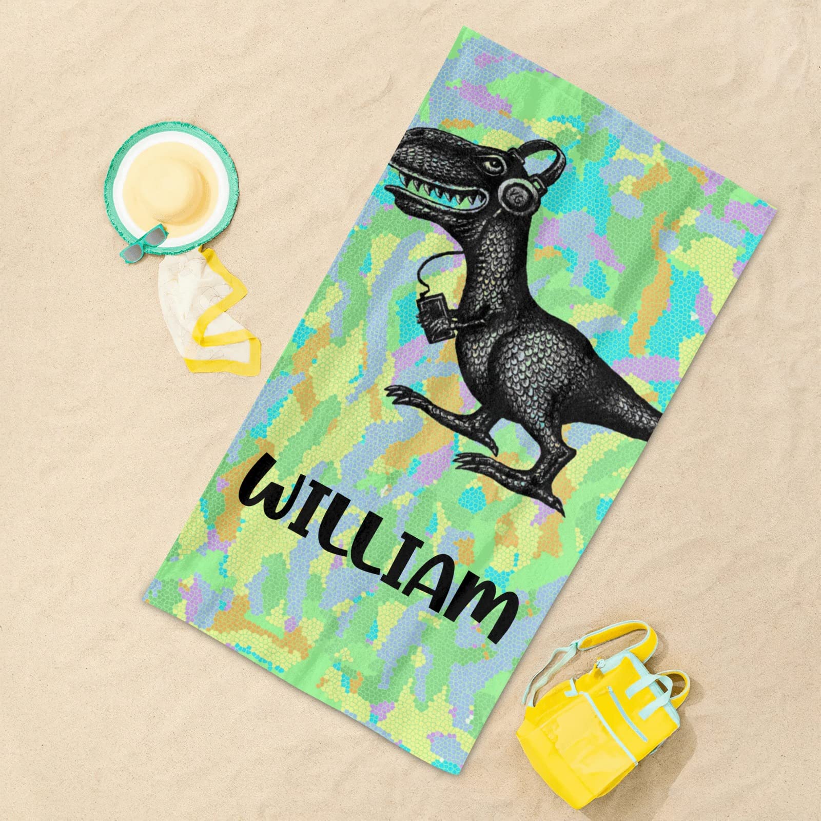 Custom Personalized Beach Towel - Soft Large Bath Towel Blanket for Swimming, Sunbathing, Pool & Beach - Dinosaur Print Design for Kids, Men, Women - Perfect for Summer Vacation, Travel & Outdoor Activities