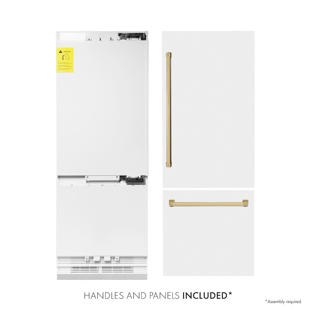 ZLINE Autograph Edition 30-inch Built-In Bottom Freezer Refrigerator - 16.1 cu.ft Capacity, Water Dispenser & Ice Maker - White Matte Finish with Polished Gold Accents (RBIVZ WM 30 G) | Perfect for Modern Kitchens & Open-Concept Homes