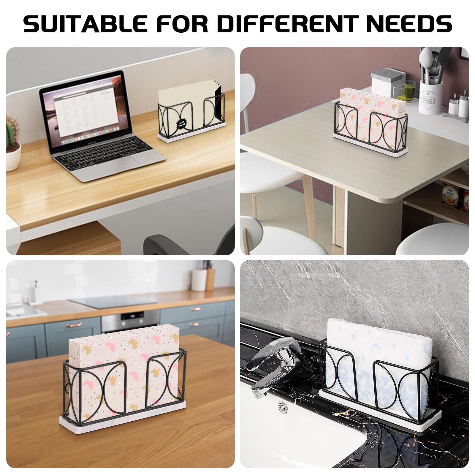 Modern Metal Napkin Holder with Marble Base - Elegant Guest Towel Paper Dispenser for Dining Table, Kitchen & Bathroom Vanity - Matte Black 4 Inch - Perfect for Home Decor, Restaurants & Office Use
