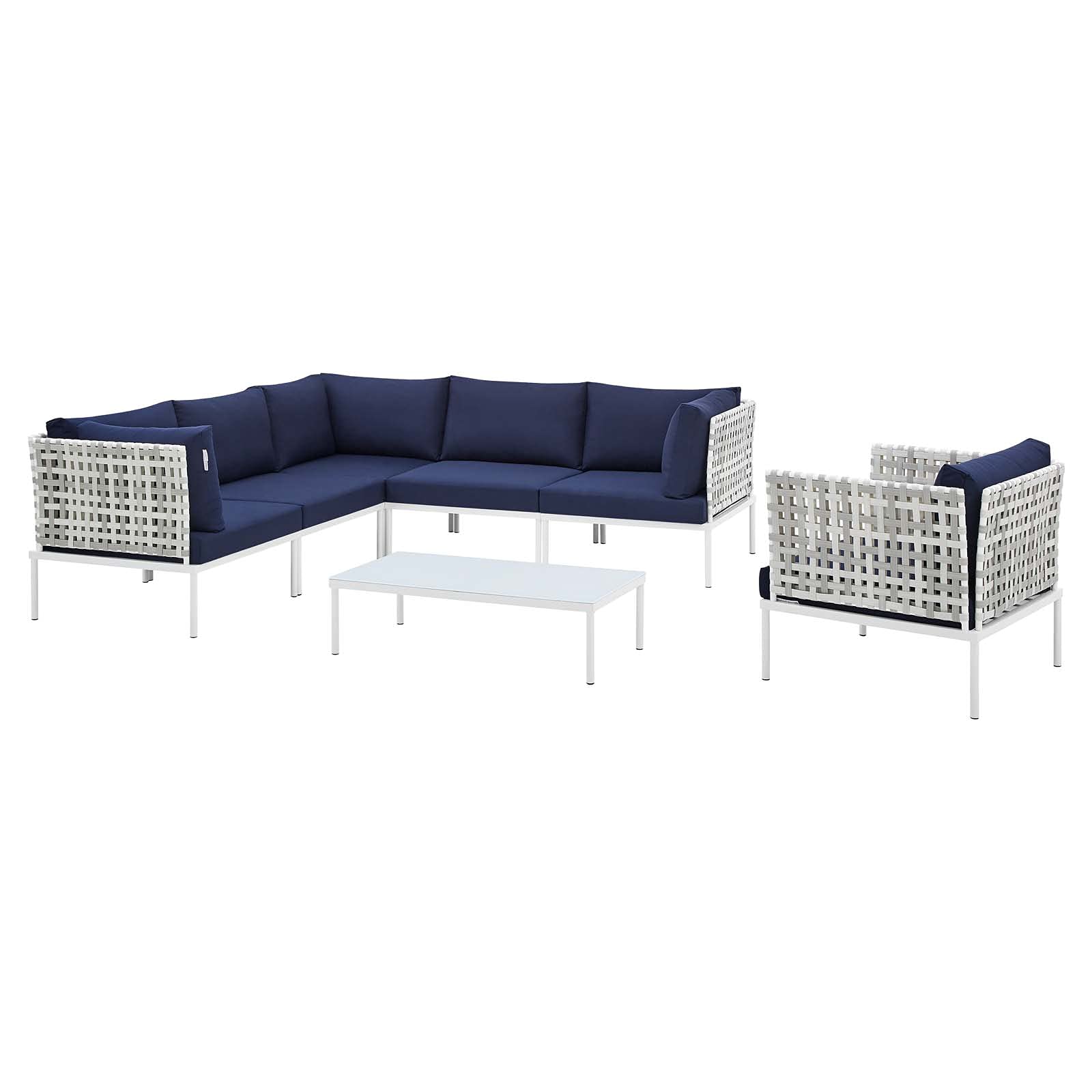 Modern Navy Blue Aluminum Outdoor Lounge Sectional Sofa Set with Table - Patio, Garden, Cafe & Poolside Relaxation Furniture