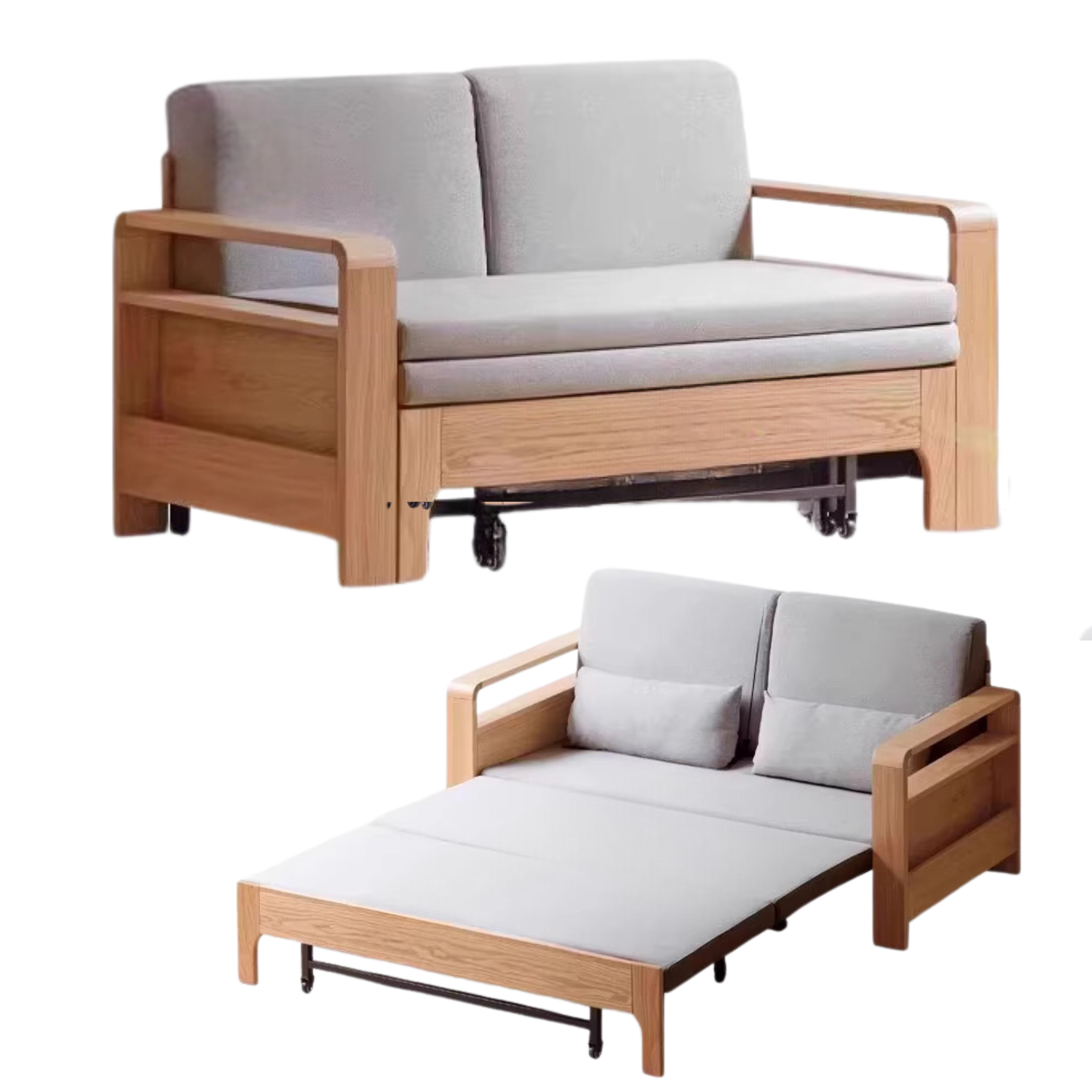 Solid Wood Sleeper Sofa - Beech & Oak Multi-Functional Convertible Sofa Bed for Living Room, Guest Room & Small Spaces