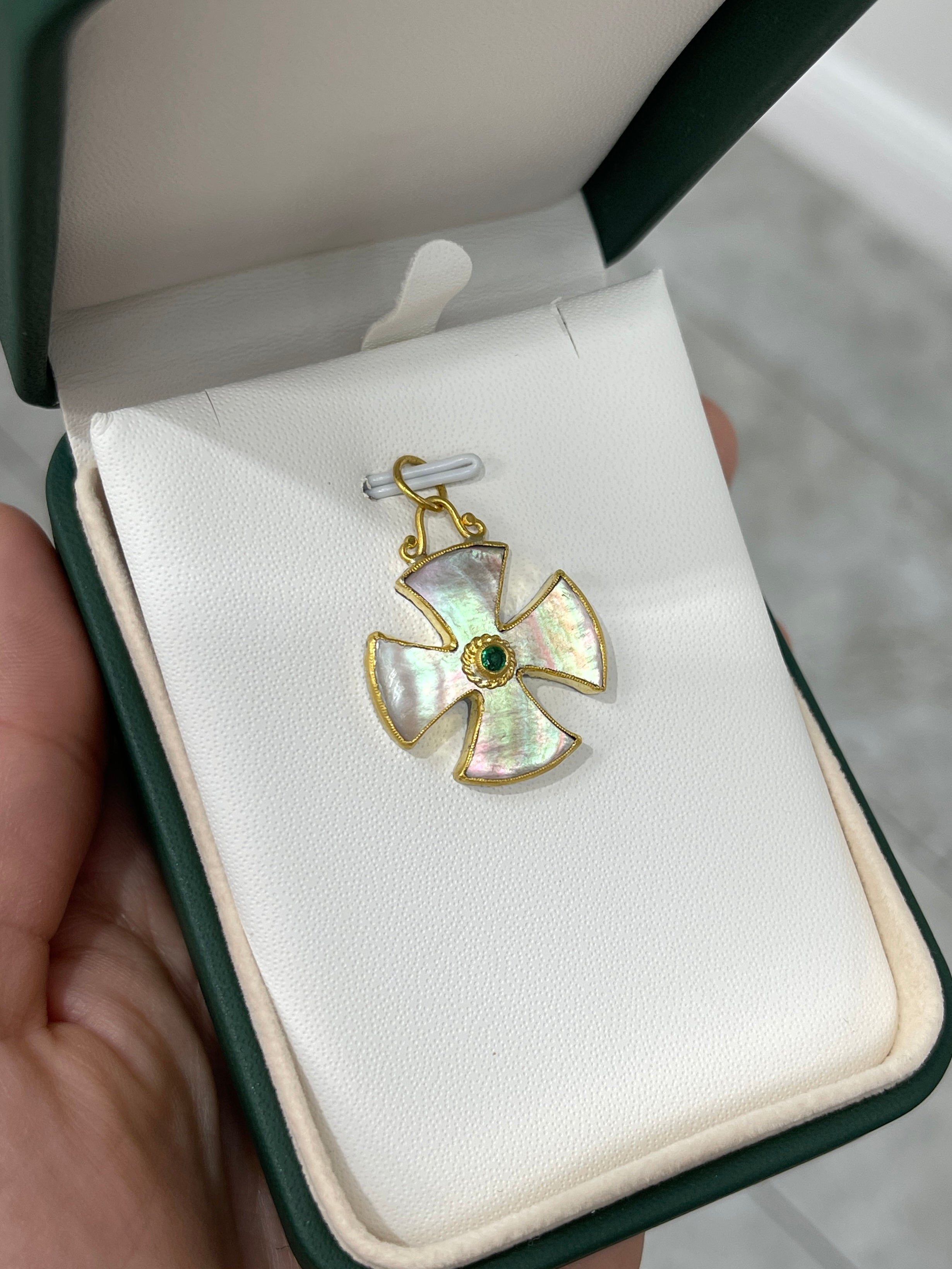 24K Gold Byzantine Cross with Mother of Pearl and Emerald - Maltese Style Religious Jewelry for Men & Women - Perfect for Church, Weddings, and Special Occasions