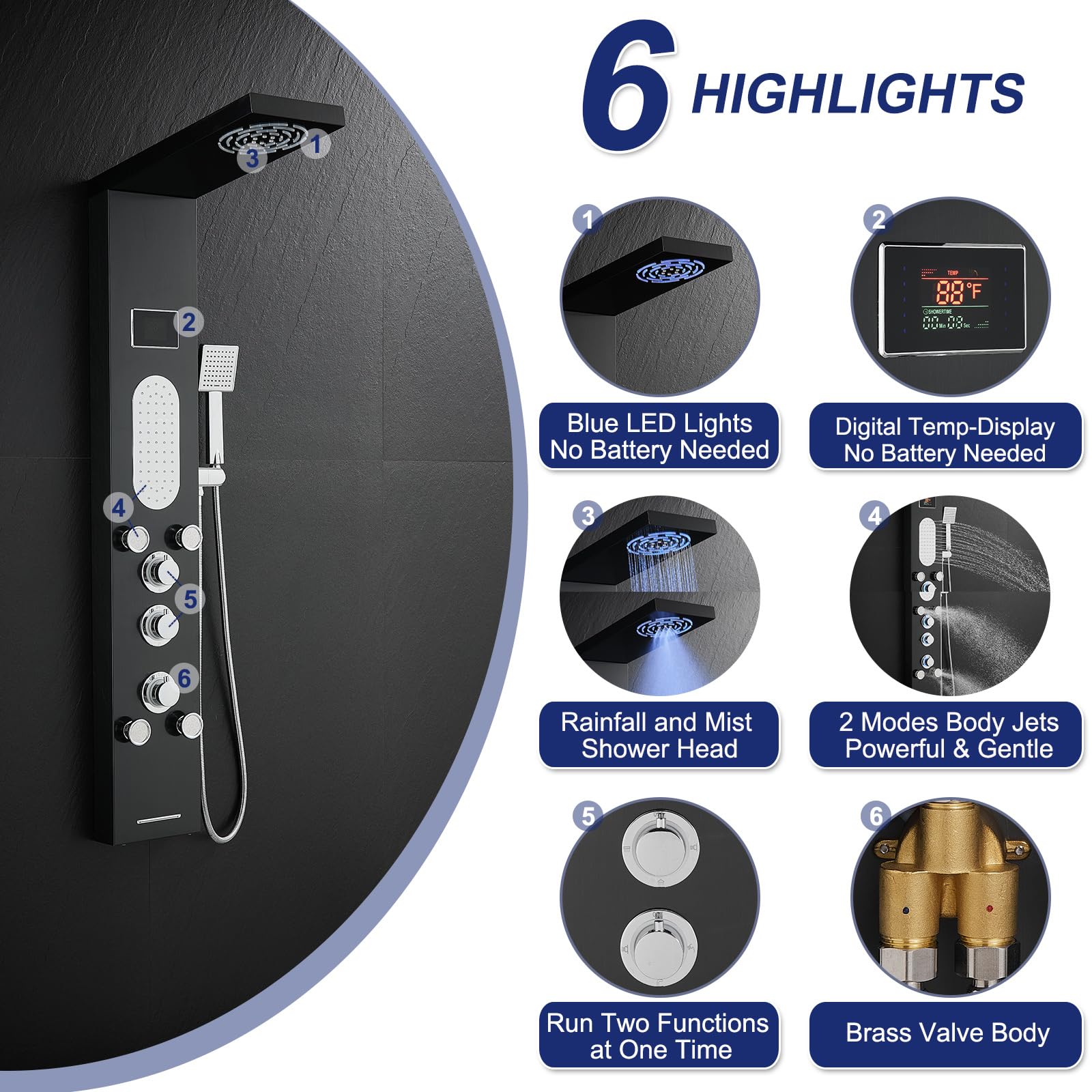 ROVATE LED Shower Panel Tower System - Hydroelectric LED Lights & Temperature Display, Black Shower Column with Rainfall & Mist Shower, 2 Body Jets, Handheld & Tub Spout | Perfect for Modern Bathroom Renovation & Spa-Like Shower Experience