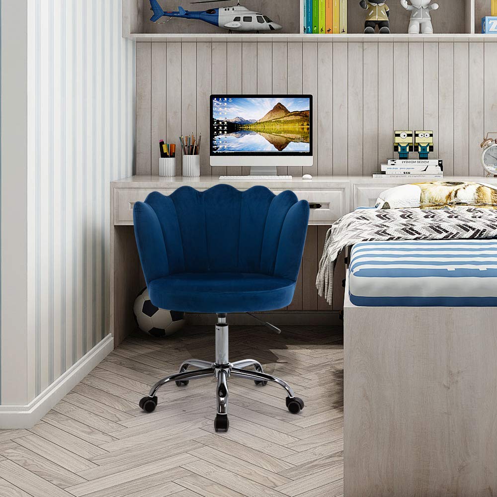 Modern Velvet Swivel Chair - Mid Century Upholstered Accent Chair with Adjustable Height | Velvet Desk Chair & Vanity Stool for Living Room, Bedroom & Home Office | Blue Velvet Leisure Armchair for Reading, Working & Relaxing