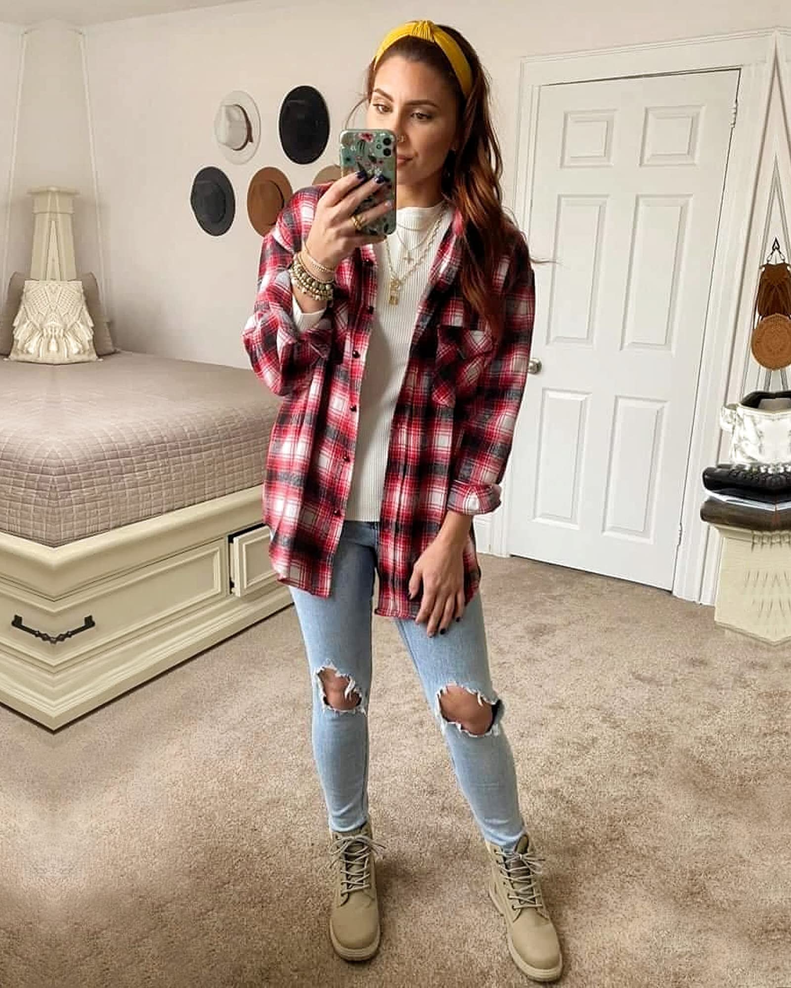 BTFBM Women's Plaid Flannel Shacket - Long Sleeve Button Down Casual Shirt Jacket for Fall & Spring | Loose Fit Blouse Top for Outdoor Activities, Work & Weekend Wear (2025 Fashion)