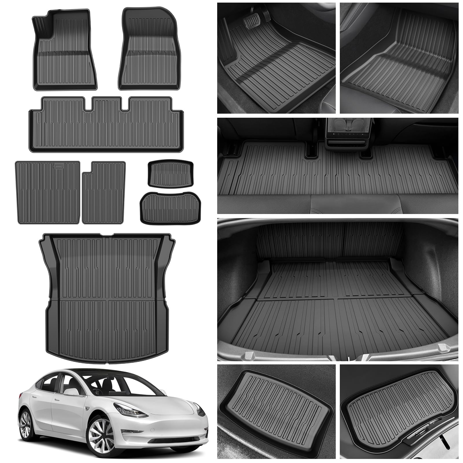 Premium All-Weather TPE 3D Floor Mats & Cargo Liner Set (8-Piece) for 2024-2025 Tesla Model 3 Highland - Front & Rear Storage Mats with Rear Seat Back Protection - Perfect for Daily Commutes, Road Trips, and Outdoor Adventures