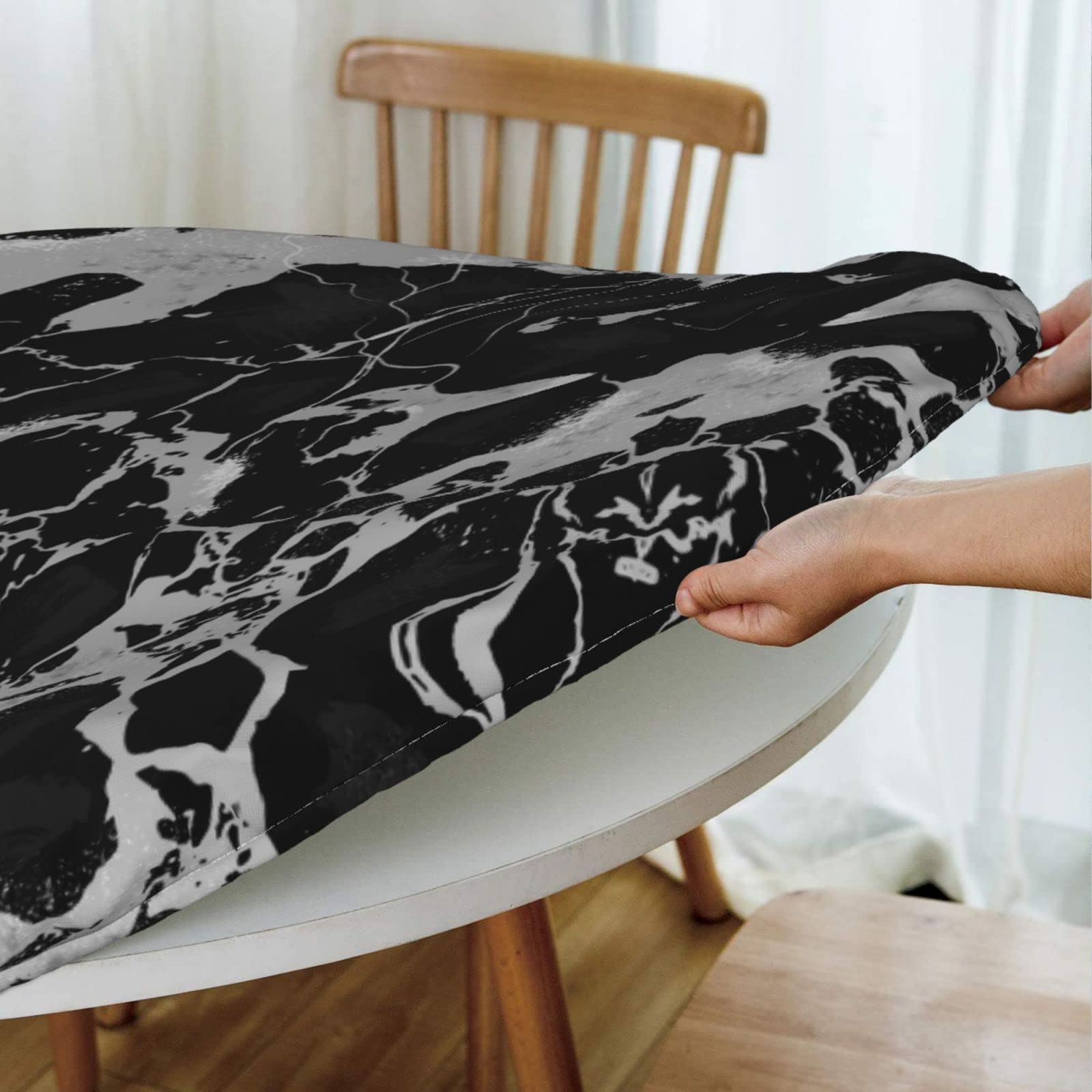 Fiokroo Black Marble Texture Elastic Edge Round Tablecloth - Washable & Reusable Table Cover for Kitchen, Dining, Party, Picnic (Small) - Perfect for Indoor and Outdoor Gatherings