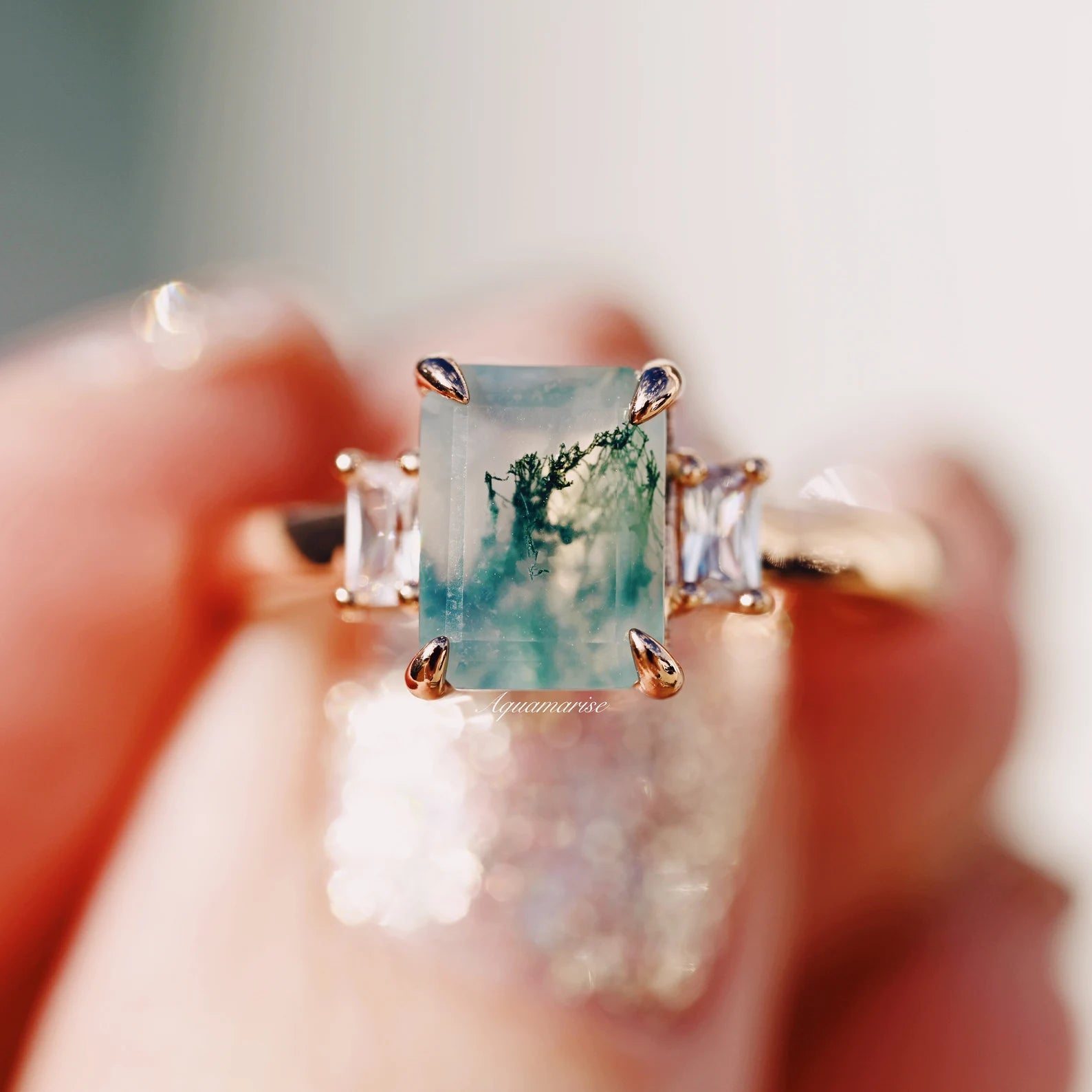 Natural Green Moss Agate Ring 14K Rose Gold Vermeil - Elegant Healing Crystal Jewelry for Women, Perfect for Meditation, Spiritual Gifts & Everyday Wear