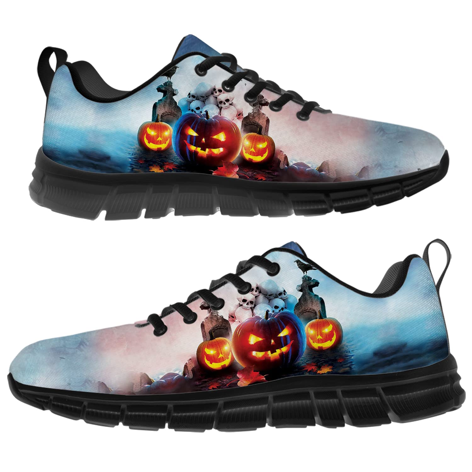 Halloween Themed Men's & Women's Running Shoes - Scary Pumpkin Lantern Skull Design Sneakers for Walking, Tennis & Jogging - Comfortable Gifts for Friends & Family - Men Size 9/Women Size 10.5 in Blue & White - Perfect for Halloween Parties, Costume Events & Spooky Night Runs