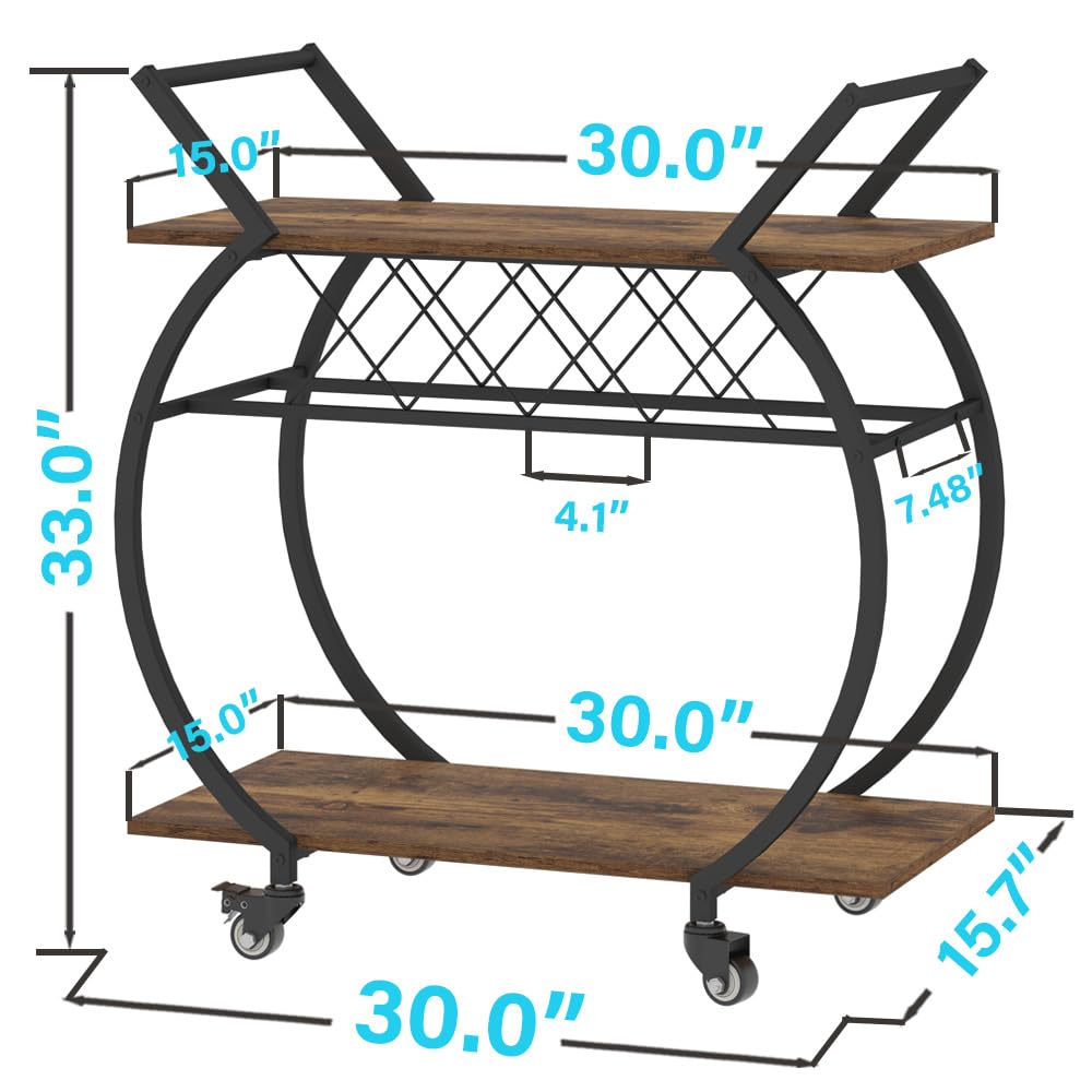 LVB Industrial Kitchen Bar Cart with Wheels - Farmhouse Style Wood & Metal Rolling Beverage Serving Cart with Storage Shelf - Rustic Brown Drink Cart for Home, Living Room, Dining Room - Perfect for Wine Storage, Cocktail Parties & Microwave Placement