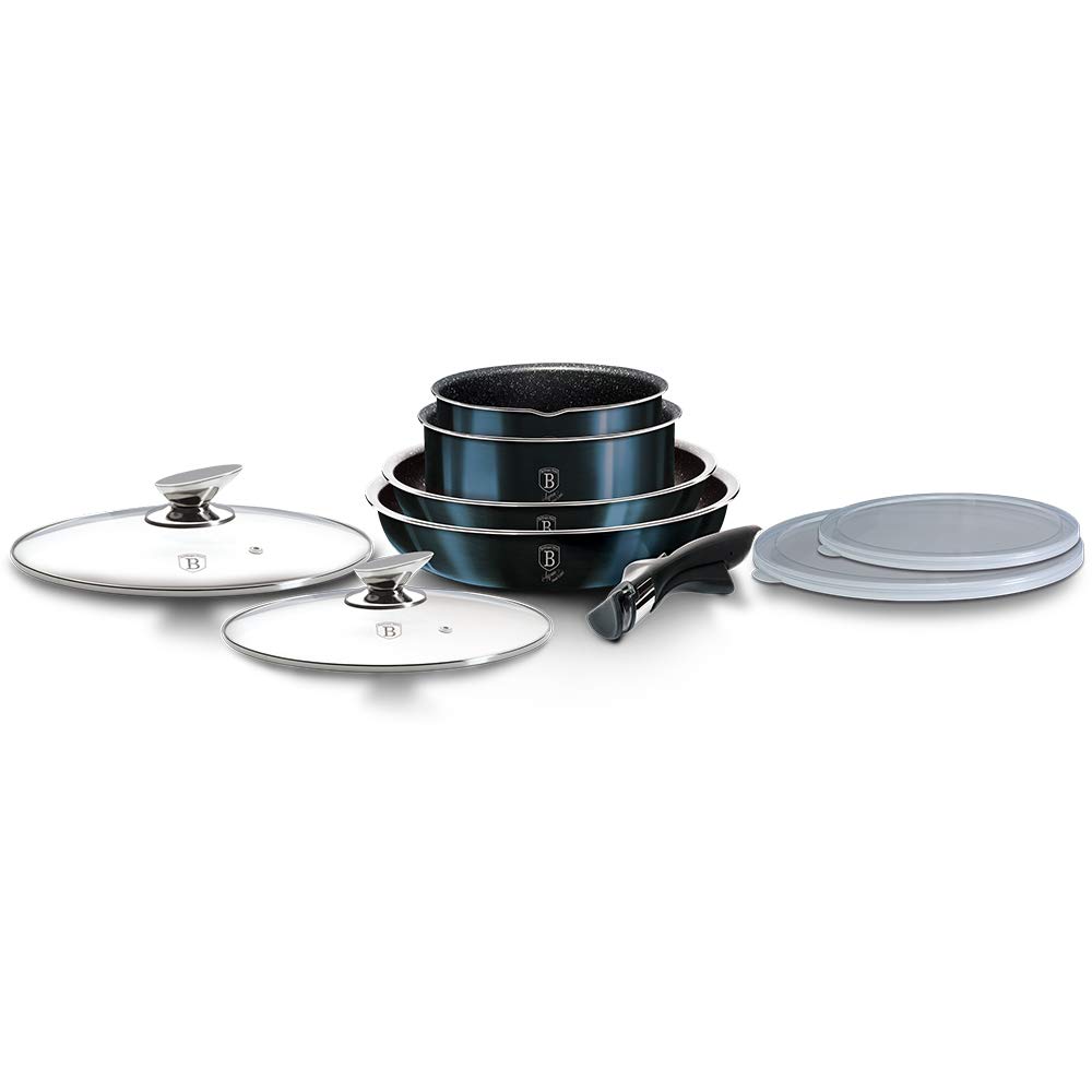 Berlinger Haus 9-Piece Nonstick Cookware Set with Detachable Ergonomic Handles & Glass Lids - Pots and Pans for Everyday Cooking, Frying, Boiling & Sauteing - Perfect for Home Chefs & Professional Kitchens