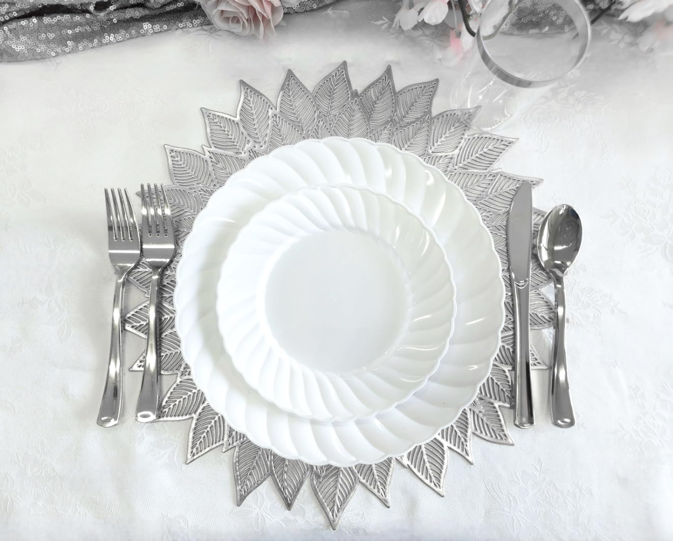 120-Piece Metallic Vinyl Placemats Set - Shiny Silver Pressed Place Mats for Weddings, Parties & Special Occasions - Elegant Table Decor & Centerpiece Accent