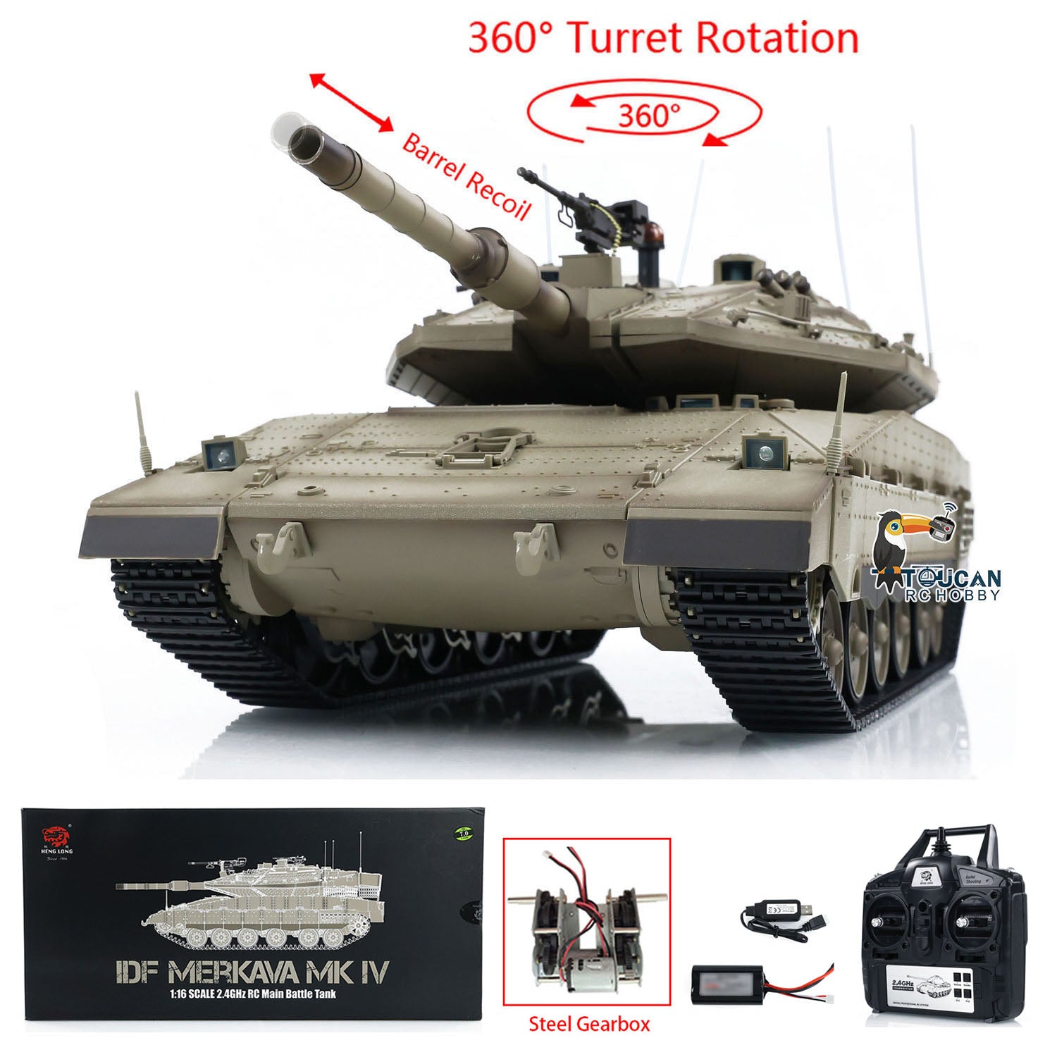 Heng Long 1/16 Scale RC Tank IDF Merkava MK IV - Metal Gearbox, 360° Rotating Barrel & Recoil - Remote Control Military Tank Model for Collectors & Battle Simulation