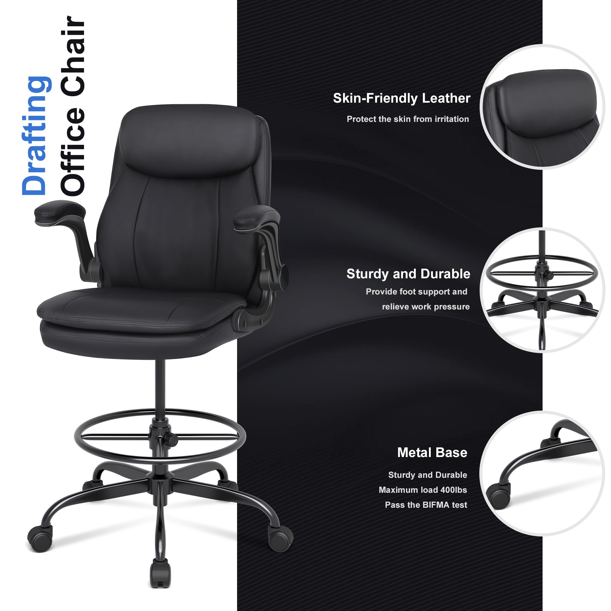 Misolant Adjustable Height Drafting Chair - Ergonomic High Office Chair for Standing Desks, Leather Executive Chair with Flip-Up Armrests - Perfect for Architects, Artists & Counter Height Workspaces