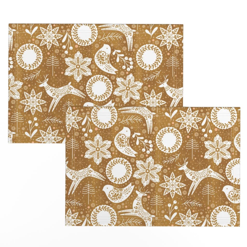 Premium Linen Cotton Canvas Placemats Set of 2 - Christmas Winter Woodland Animals with Wreath Snowflakes & Gingerbread Forest Deer Bird Print - Holiday Dining Table Decor for Christmas Party & Family Gatherings