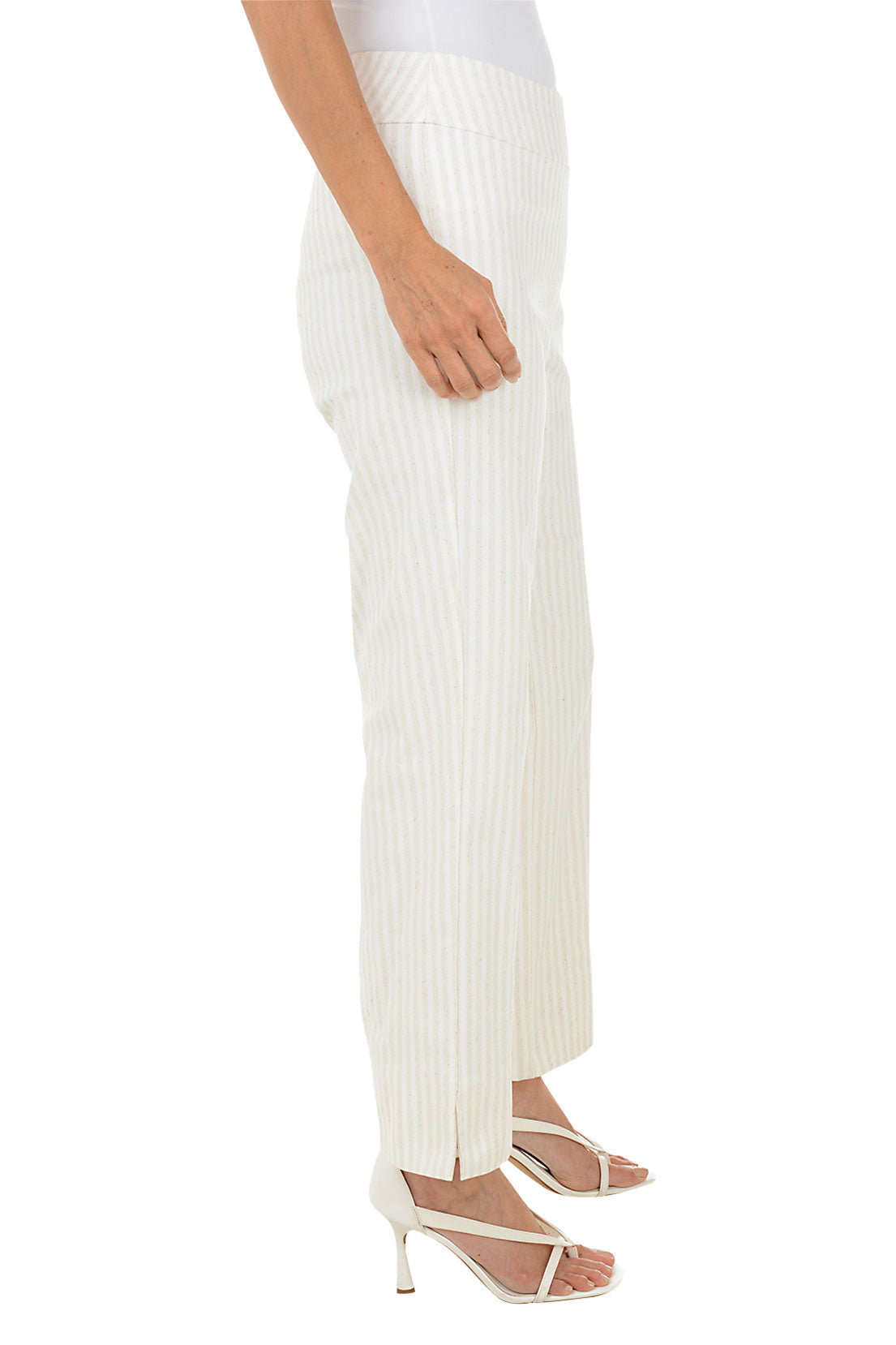 Stylish Oatmeal Stripe Flared Ankle Pants for Women - Comfortable High Waist Wide Leg Trousers for Office, Casual & Date Night Outfits
