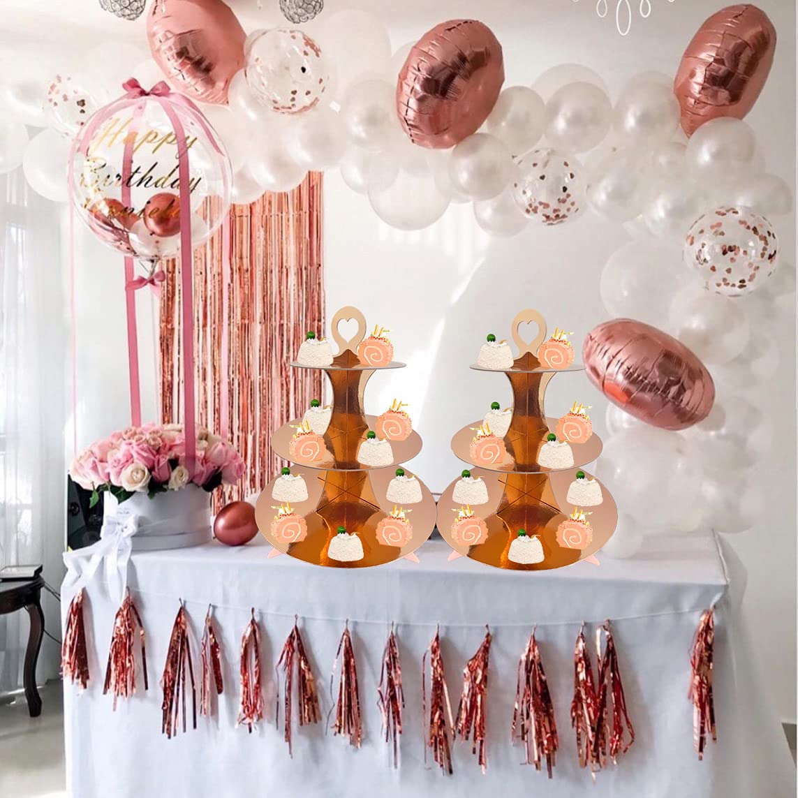 3-Tier Rose Gold Cardboard Cupcake Stand - 2 Pack with Floral Heart Design, Holds 24 Cupcakes - Perfect for Birthday Parties, Baby Showers, Bridal Showers & Halloween Celebrations - Ideal for Dessert Displays, Wedding Receptions, and Holiday Gatherings