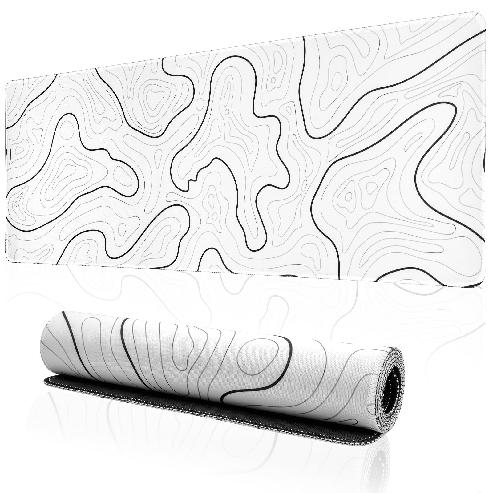 Large White Topographic Gaming Mouse Pad - 31.5''x11.8'' XL Desk Mat for Computer, Laptop, Keyboard | Perfect for Gaming, Office Work & Home Use