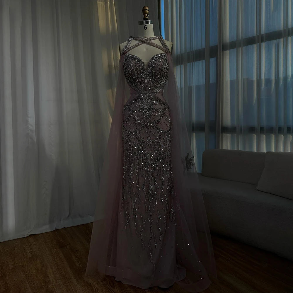 Luxury Dubai Nude Cape Sleeves Beaded Crystal Arabic Evening Dresses Gowns For Women Wedding Party LA72806 - Elegant Formal Gown for Bridal Shower, Red Carpet Events & Special Occasions
