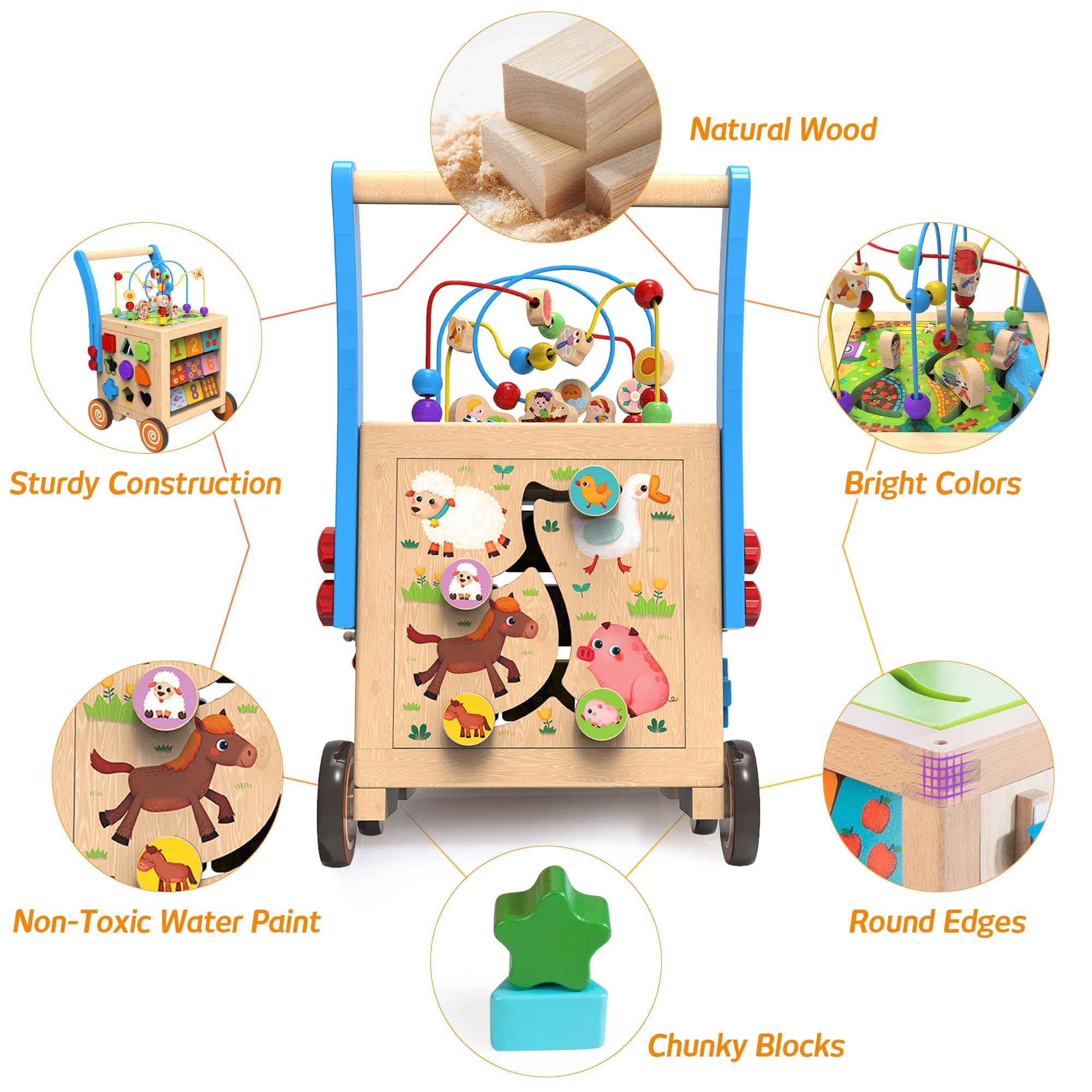9-in-1 Wooden Activity Cube Baby Walker - Adjustable Height & Brake, Sit-to-Stand Learning Toy with Push & Pull Features for Toddlers Boys & Girls | Early Education Developmental Toy for Playroom, Nursery & Daycare