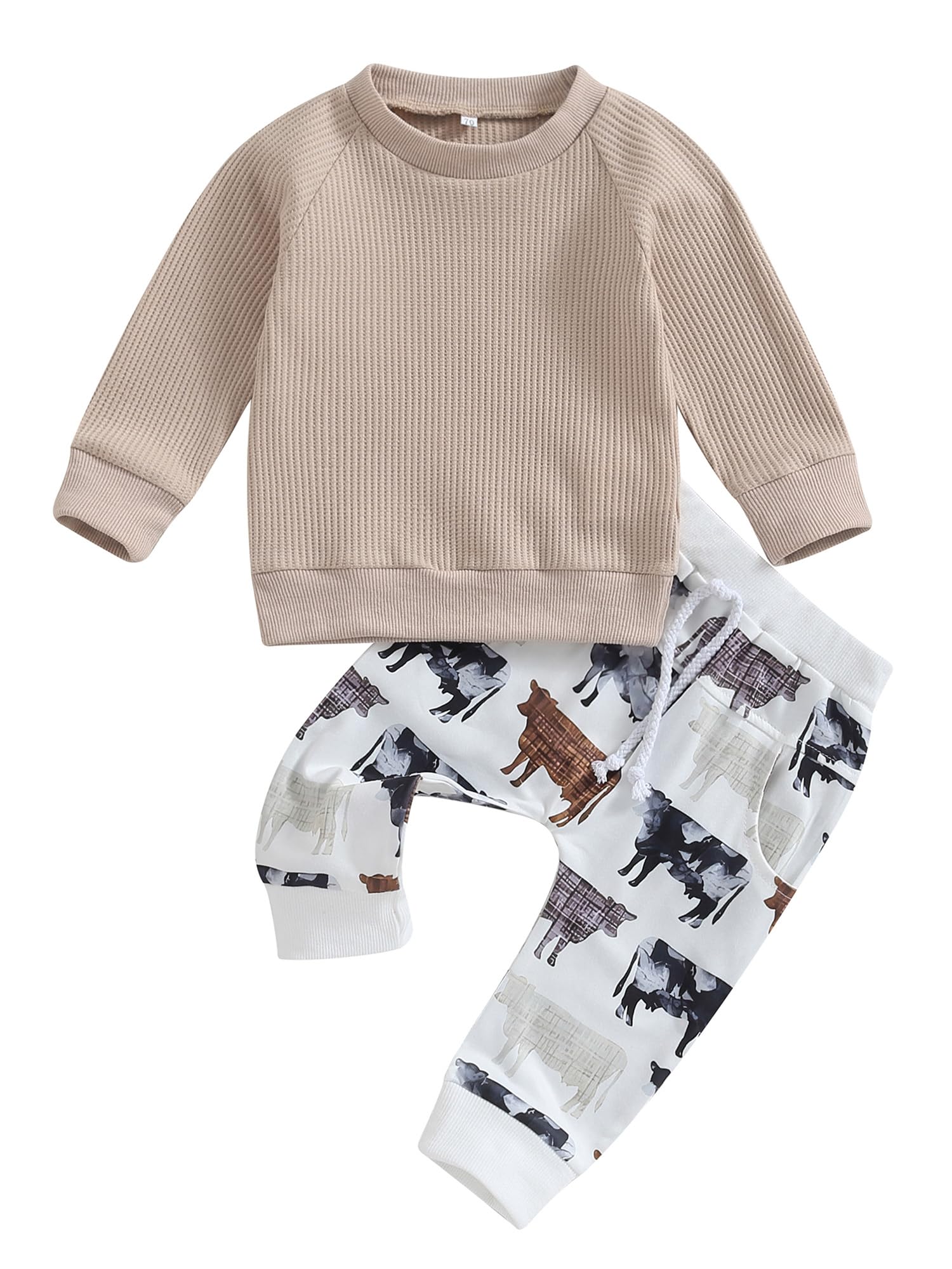 Taoocy Western Baby Girl & Boy Clothes Set - Long Sleeve Waffle Knit Sweatshirt & Cow Print Jogger Pants for Cowboy Fall & Spring Outfits | Cute Western Style Toddler Clothes for Playdates, Rodeo Events & Photo Shoots
