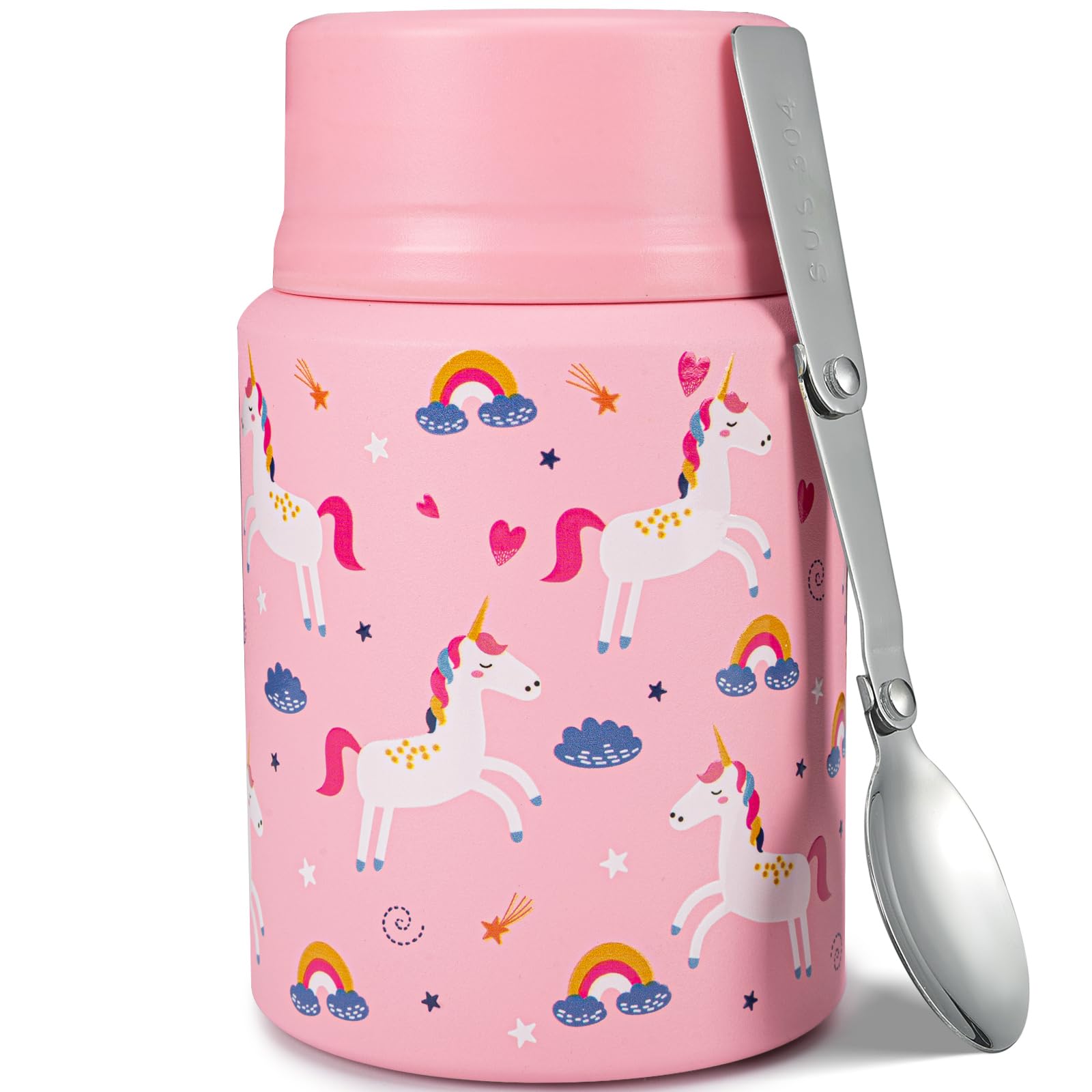 Charcy 17oz Kids Insulated Food Thermos for Hot & Cold Meals - Leak-Proof Stainless Steel Soup Thermo with Folding Spoon, Perfect for School Lunches, Picnics & Travel - Pink Unicorn Design
