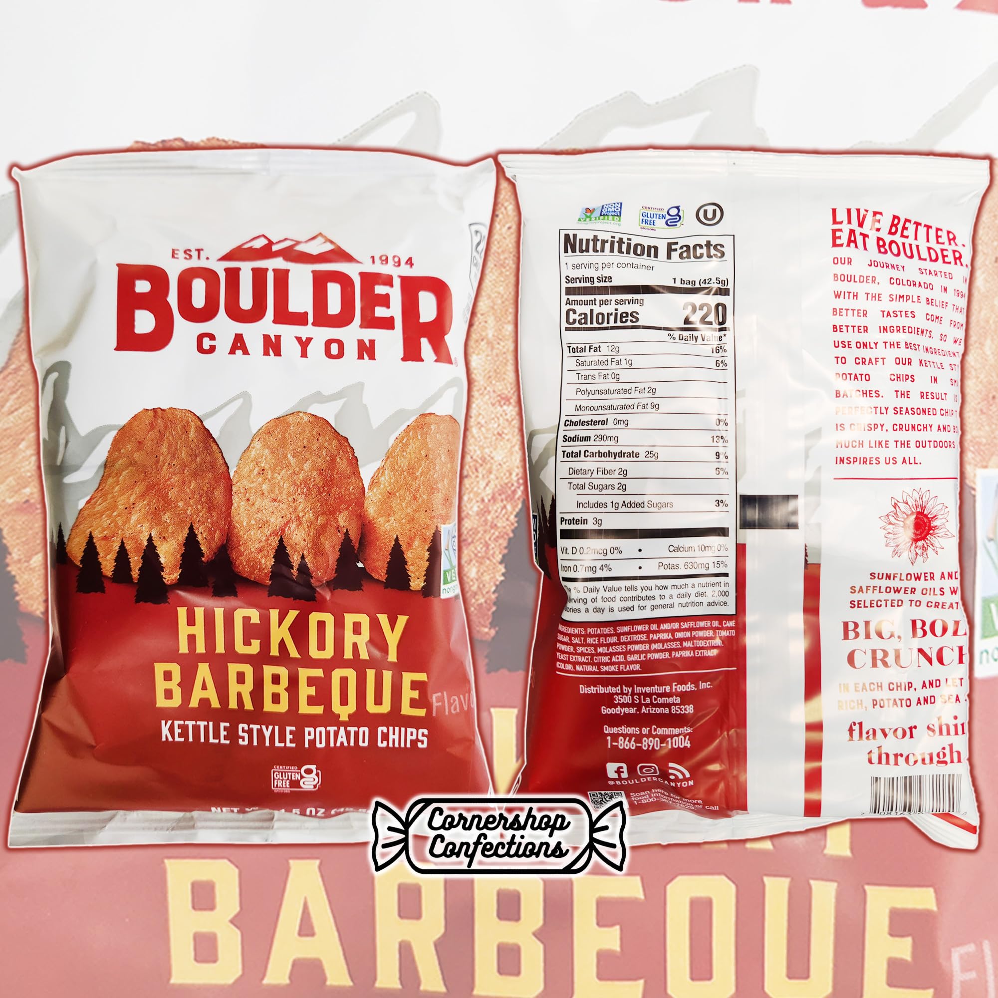 Boulder Canyon Kettle Chips Hickory BBQ Flavor - 64 Count Bulk Pack (1.5oz Single Serve Bags) | Crunchy Kettle Style Potato Snacks for Parties, Picnics & Office Snacking | Cornershop Confections Packaging
