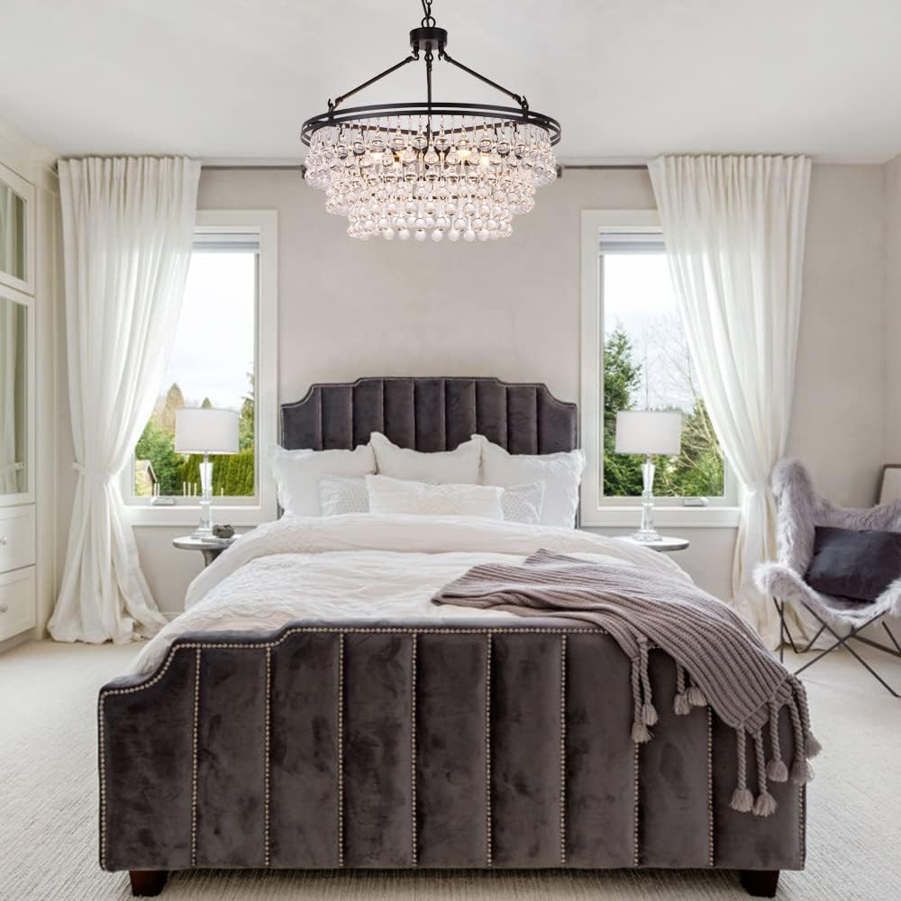 TOCHIC 24 Inch Black Crystal Chandelier - Modern Farmhouse Ceiling Pendant Light with 3 Tiers for Bedroom, Dining Room, Kitchen Island & Living Room | Elegant Lighting Fixture for Home Decor & Wedding Venues