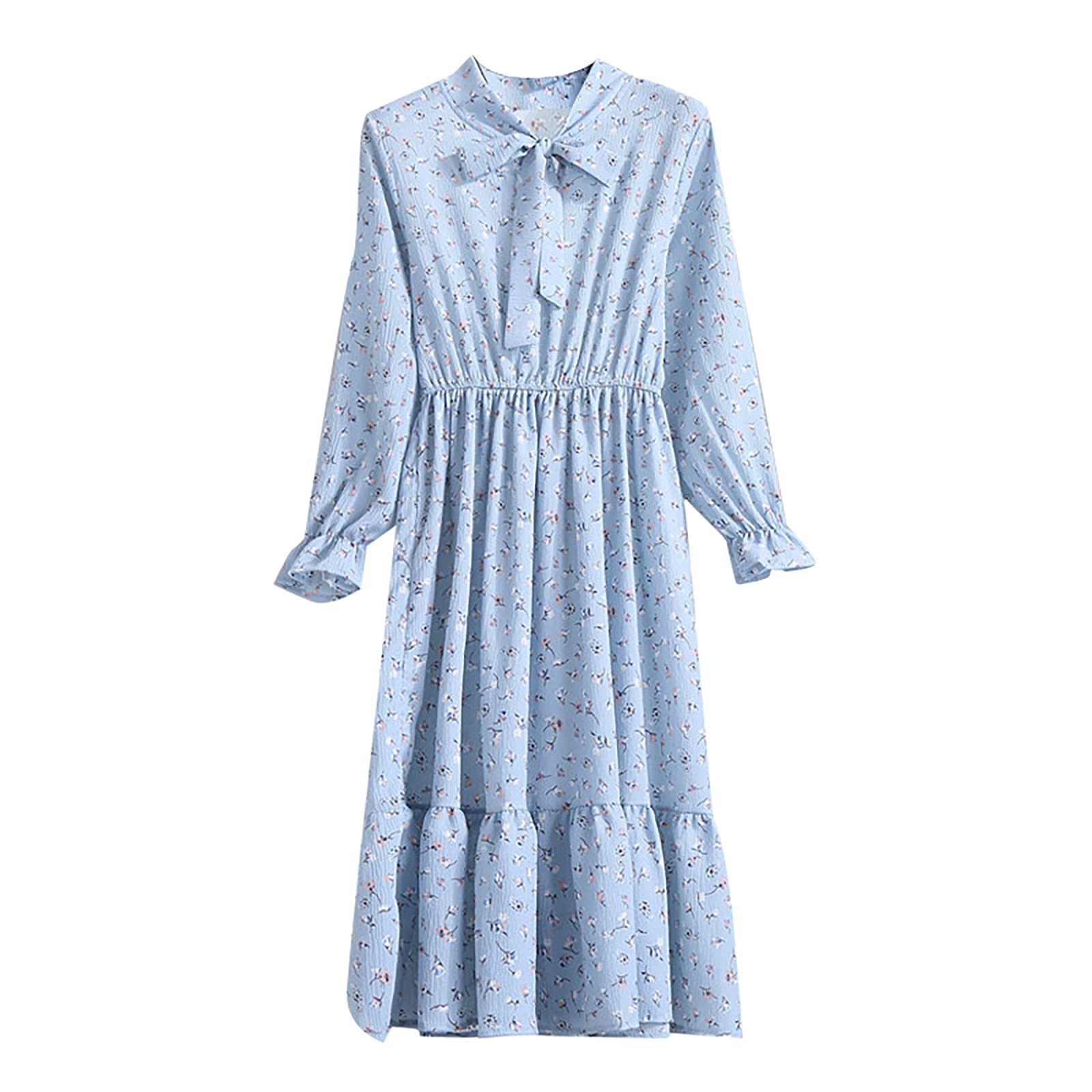 YHAIOGS Women's Spring Floral Print Dress with Bowknot Detail - Long Sleeve Stretchy Party Dress for Date Night, Evening Out, and Special Occasions