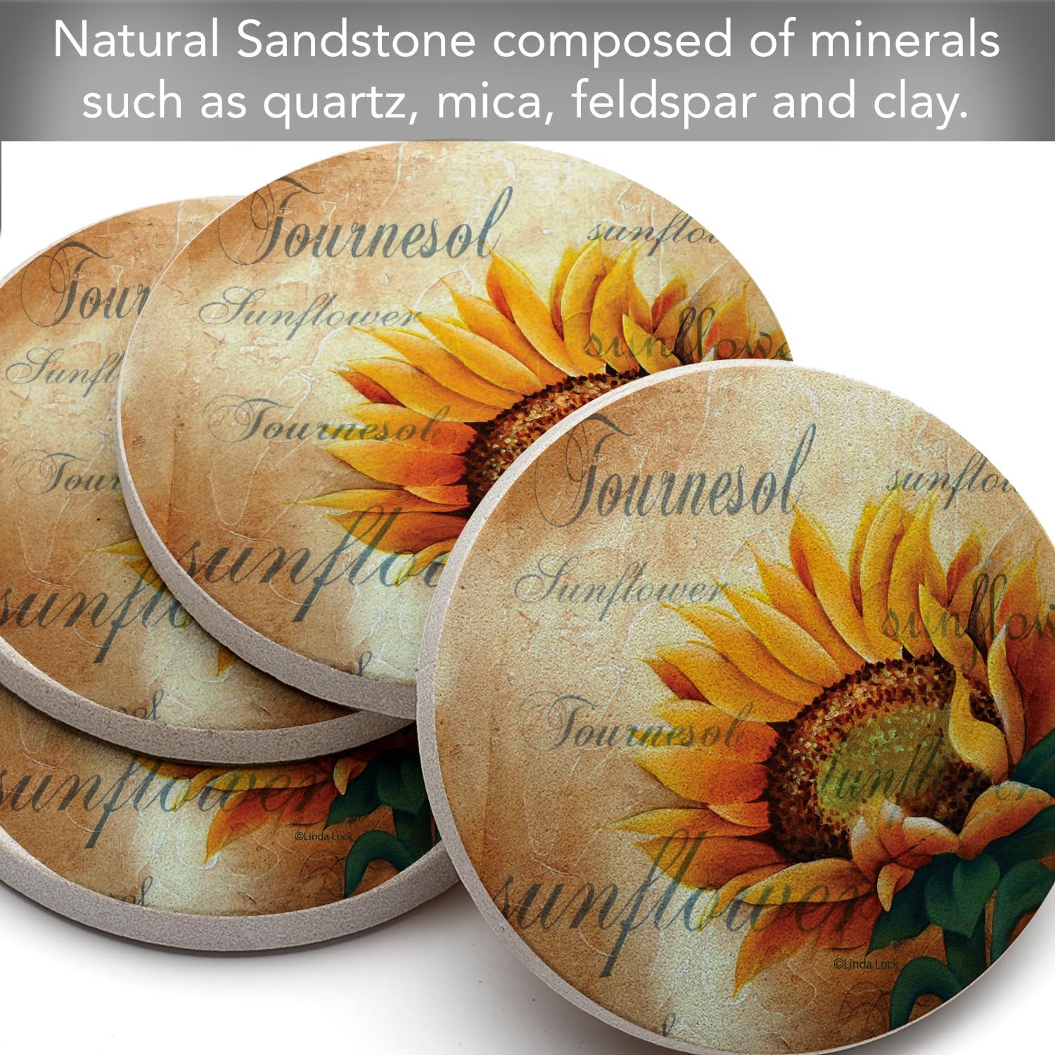 Thirstystone Sunflower II Natural Sandstone Coasters - Set of 4 | Eco-Friendly, Absorbent & Easy to Clean Drink Coasters for Home, Bar, Office & Outdoor Use