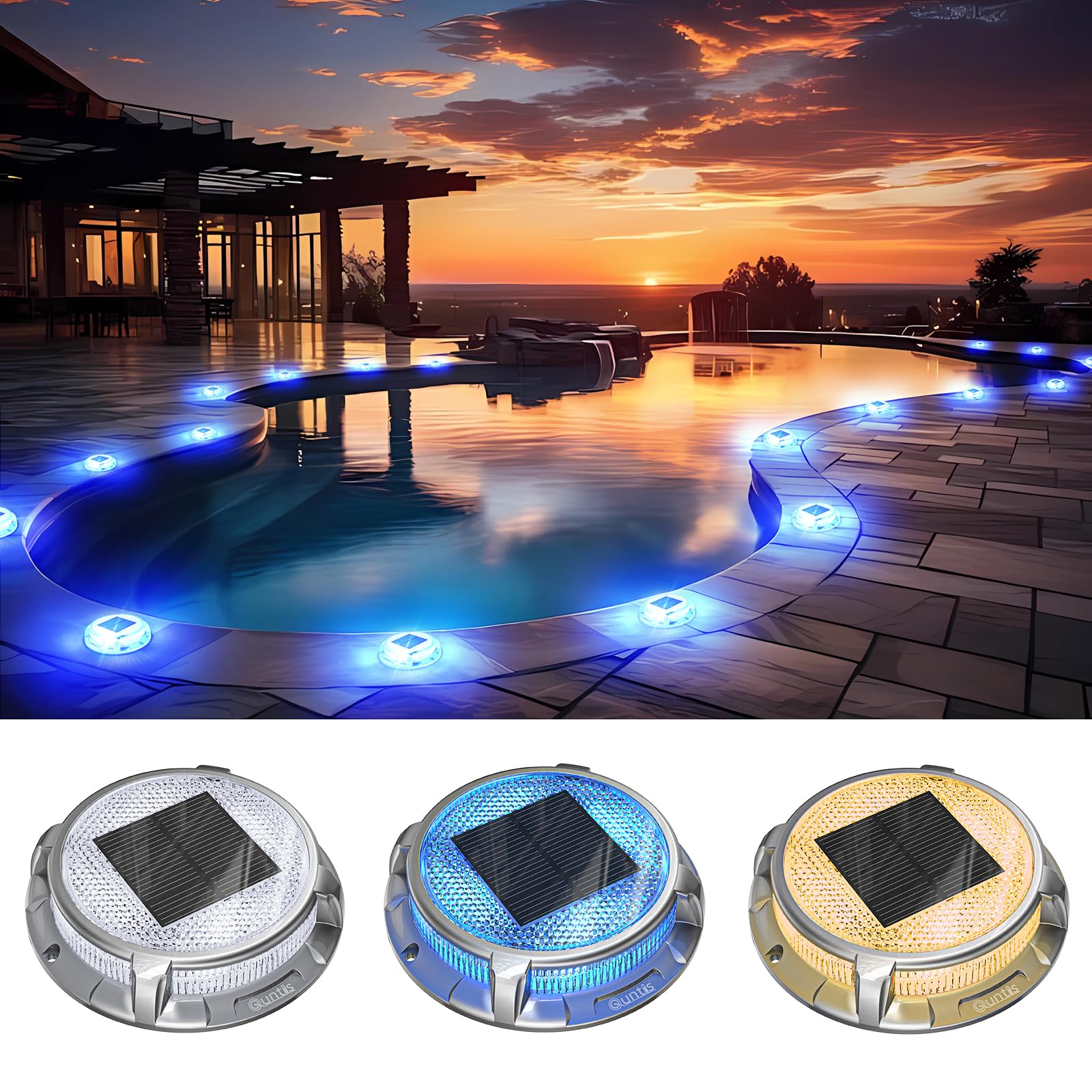 Quntis 12 Pack Solar Deck Lights - 3 Color Changing Outdoor Solar Lights, IP68 Waterproof Solar Dock Lights with Ground Spikes for Driveway, Garden, Stair, Path & Walkway | Wide Illumination & Dusk-to-Dawn Sensor | Perfect for Landscape Lighting, Backyard Decor & Nighttime Safety