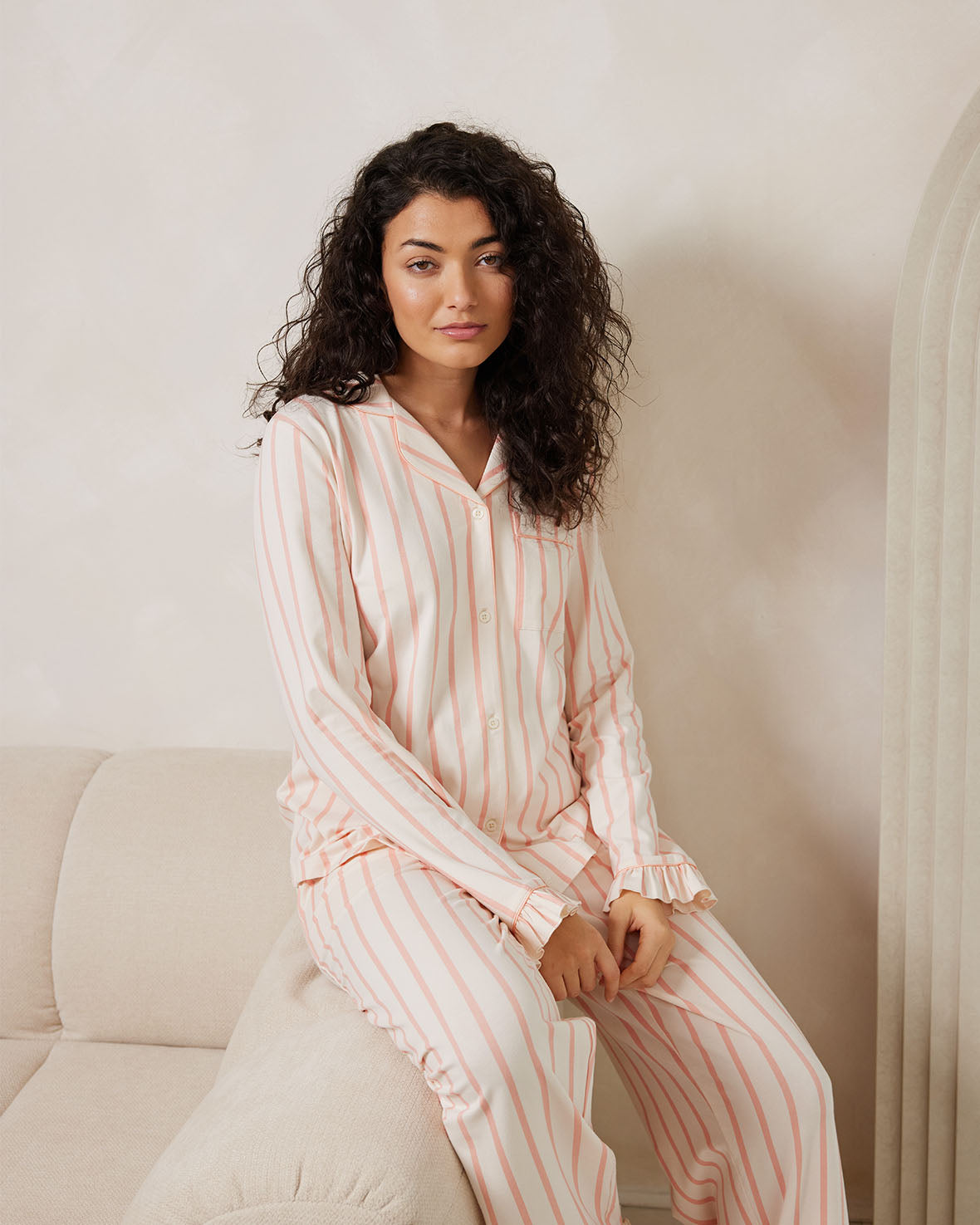 Organic Cotton Pink Striped Frill Long Pajama Set for Women - Soft & Comfortable Sleepwear for Nighttime Relaxation and Lounging