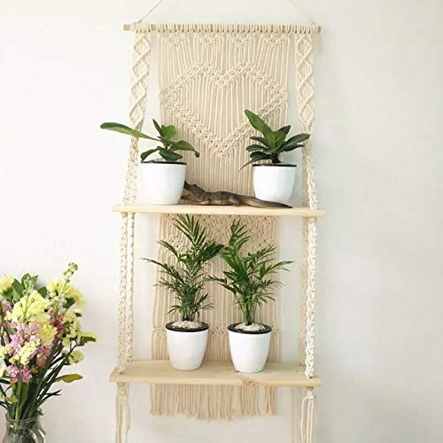 Handmade Macrame Wall Hanging Shelf - Bohemian Cotton & Wood Wall Decor, Organizer & Hanger for Living Room, Bedroom, Bathroom - Boho Chic Home Decor (#1)