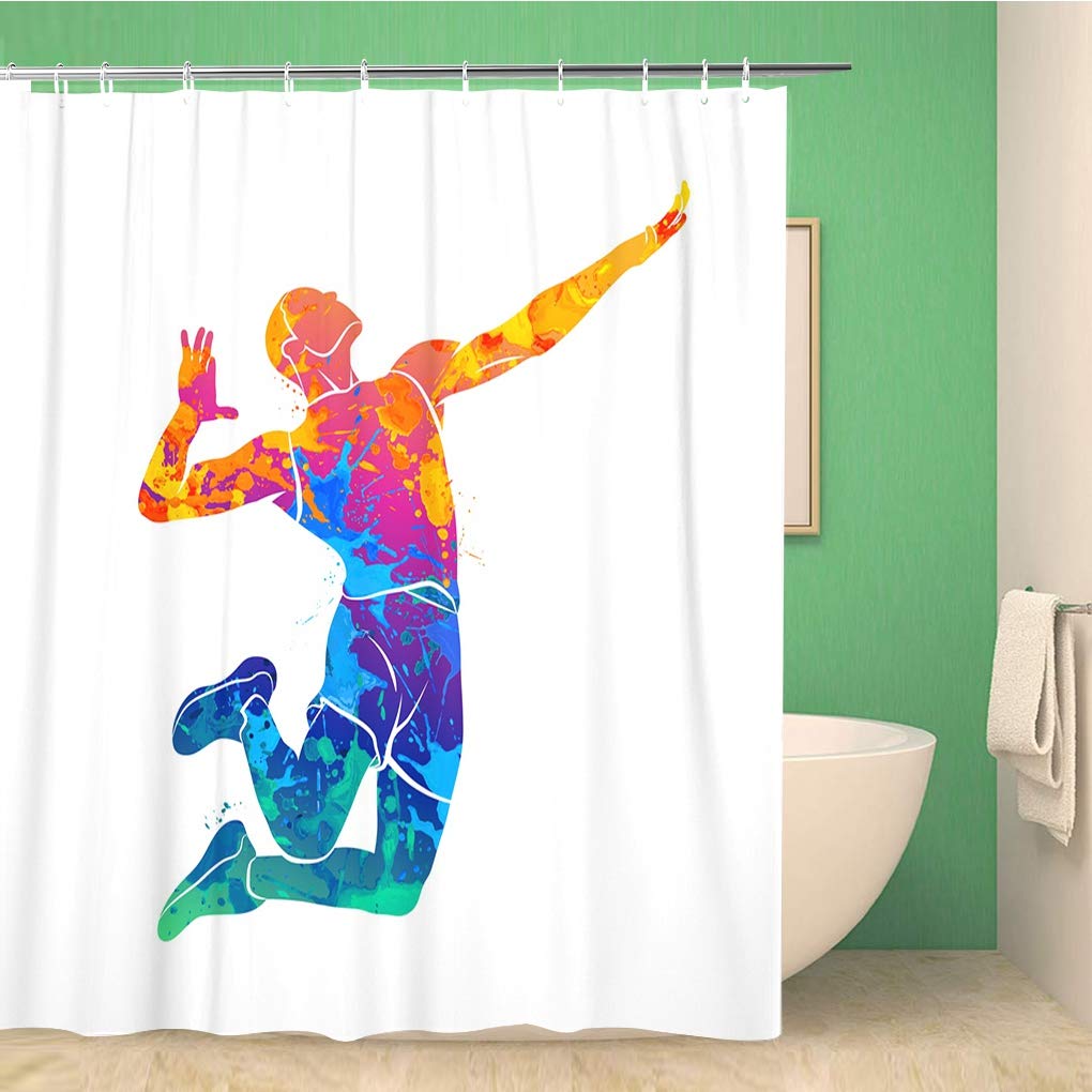 Watercolor Volleyball Player Shower Curtain - 60x72 Inch Abstract Sports Design, Waterproof Polyester Fabric Bath Curtain Set with Hooks - Perfect for Bathroom Decor, Sports Enthusiasts & Volleyball Fans