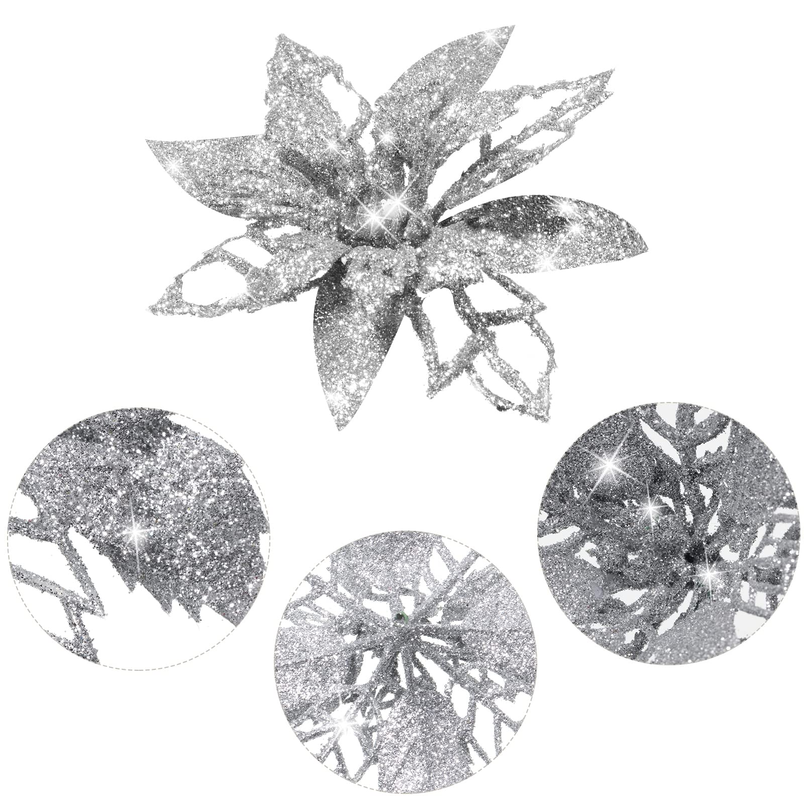24-Piece Silver Glitter Artificial Poinsettia Flowers - Christmas Tree Decorations, Wedding Centerpieces, Holiday Party & New Year Home Decor