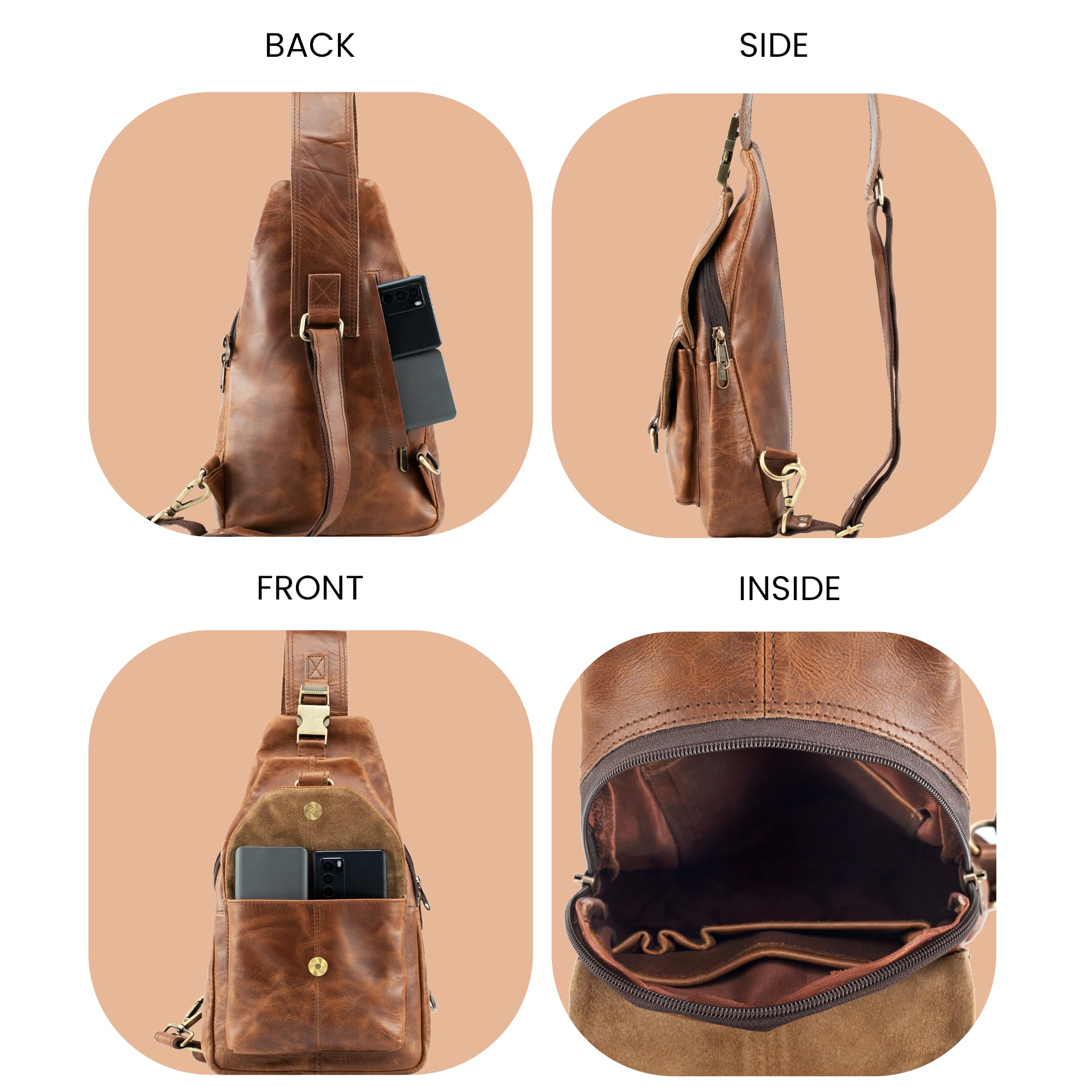 Genuine Leather Crossbody Backpack for Men - Handmade Sling Bag with Adjustable Strap, Travel Hiking Daypack & Purse - Perfect for Outdoor Adventures, Commuting and Daily Use