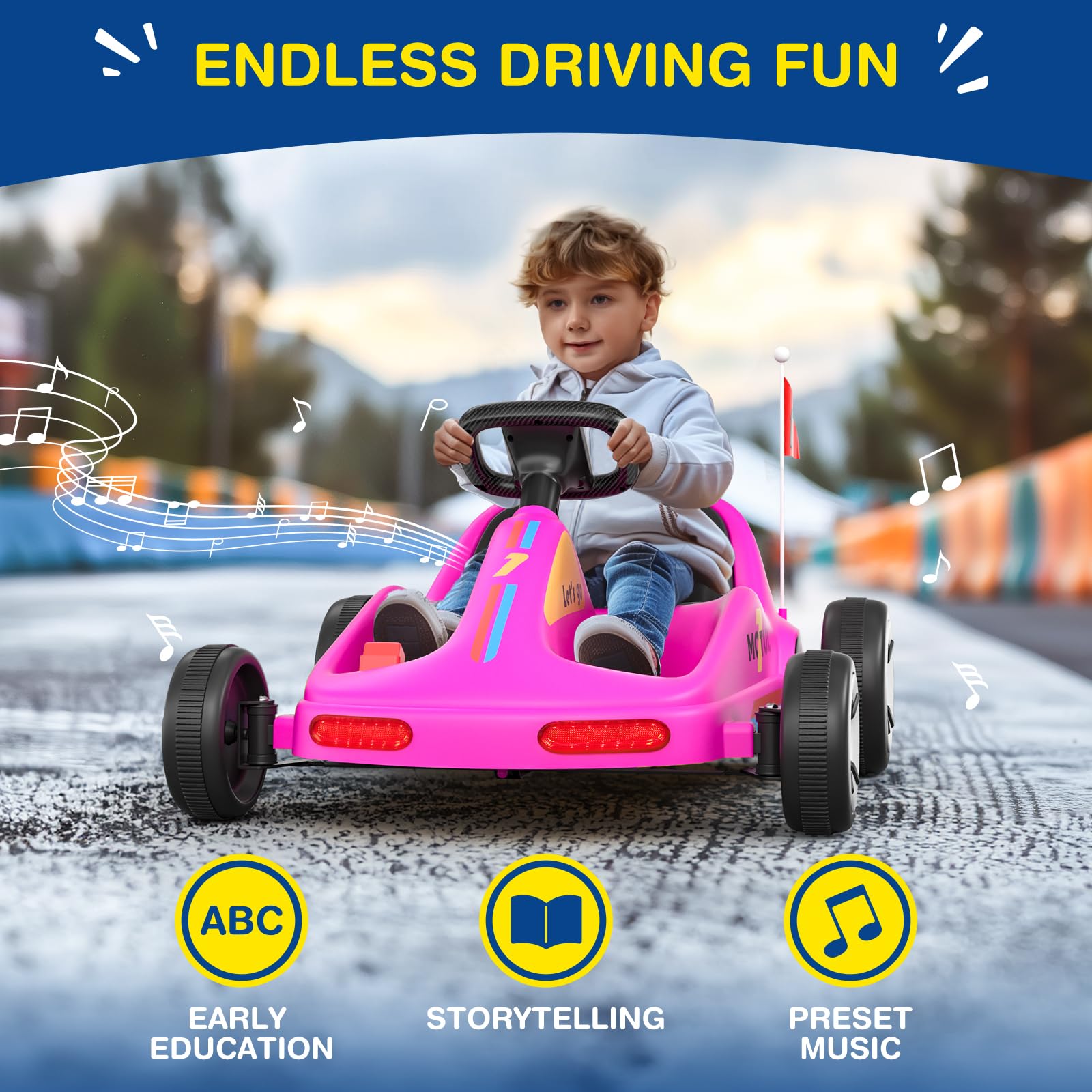 SAT ONE 12V Electric Go Kart for Kids - Quick Assembly Ride-On Car with Flashing Taillights, Bluetooth Music & Remote Control - Perfect for Outdoor Play, Birthday Gifts & First-Time Riders