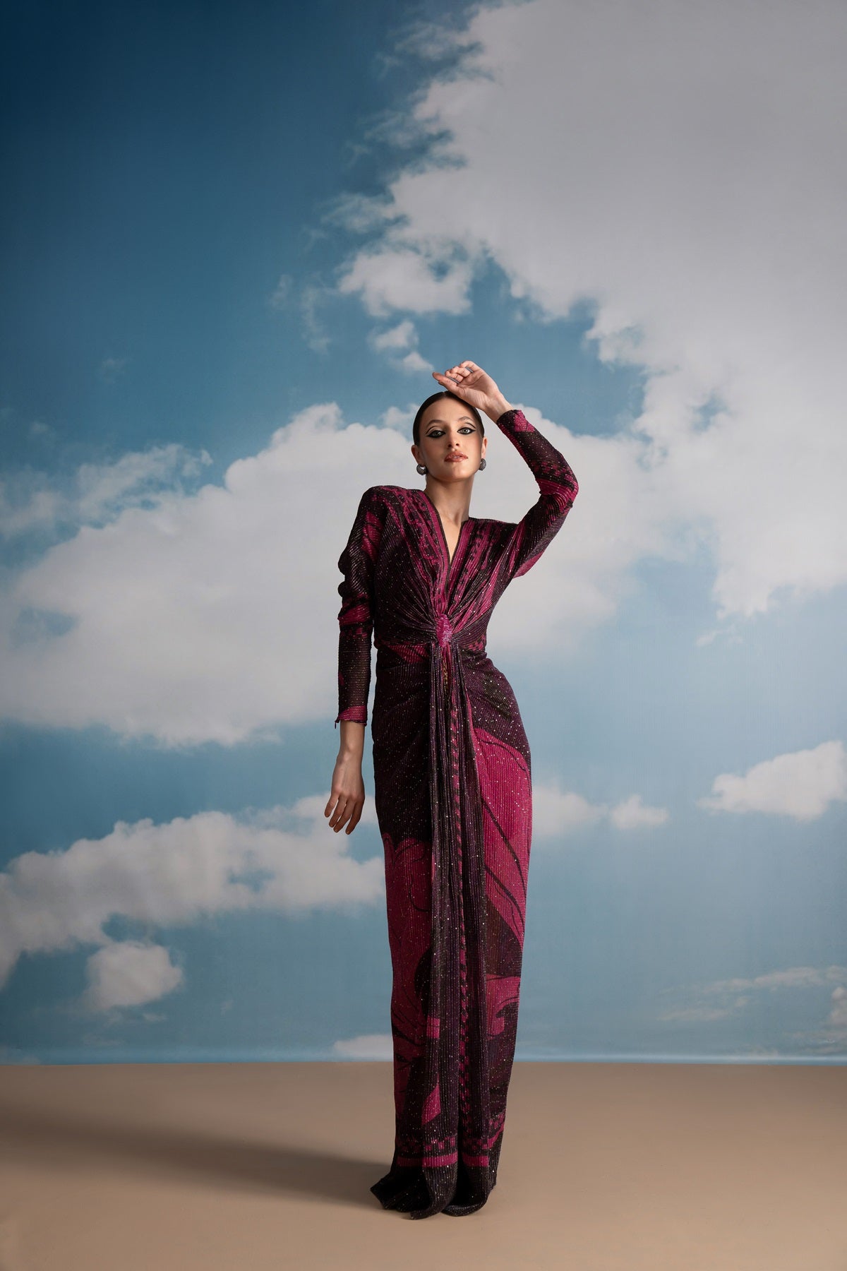 Fuchsia Pink Swirl Printed Draped Dress for Women - Elegant Party & Evening Wear - Perfect for Weddings, Cocktails & Special Occasions