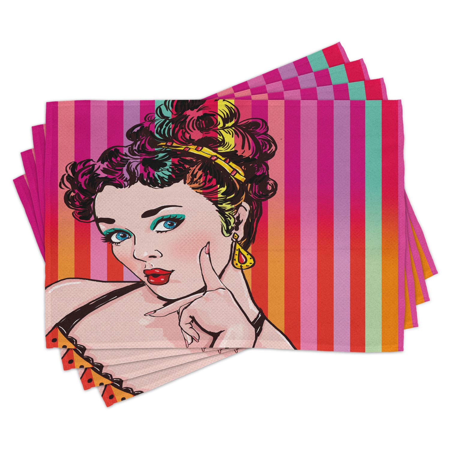 Ambesonne 4-Piece Art Placemats Set - Blue Eyed Woman Pop Art with Striped Retro Background | Washable Fabric Dining Table Mats for Kitchen & Restaurant Decor | Perfect for Dinner Parties, Holiday Meals & Home Styling (Red Eggshell Multicolor)