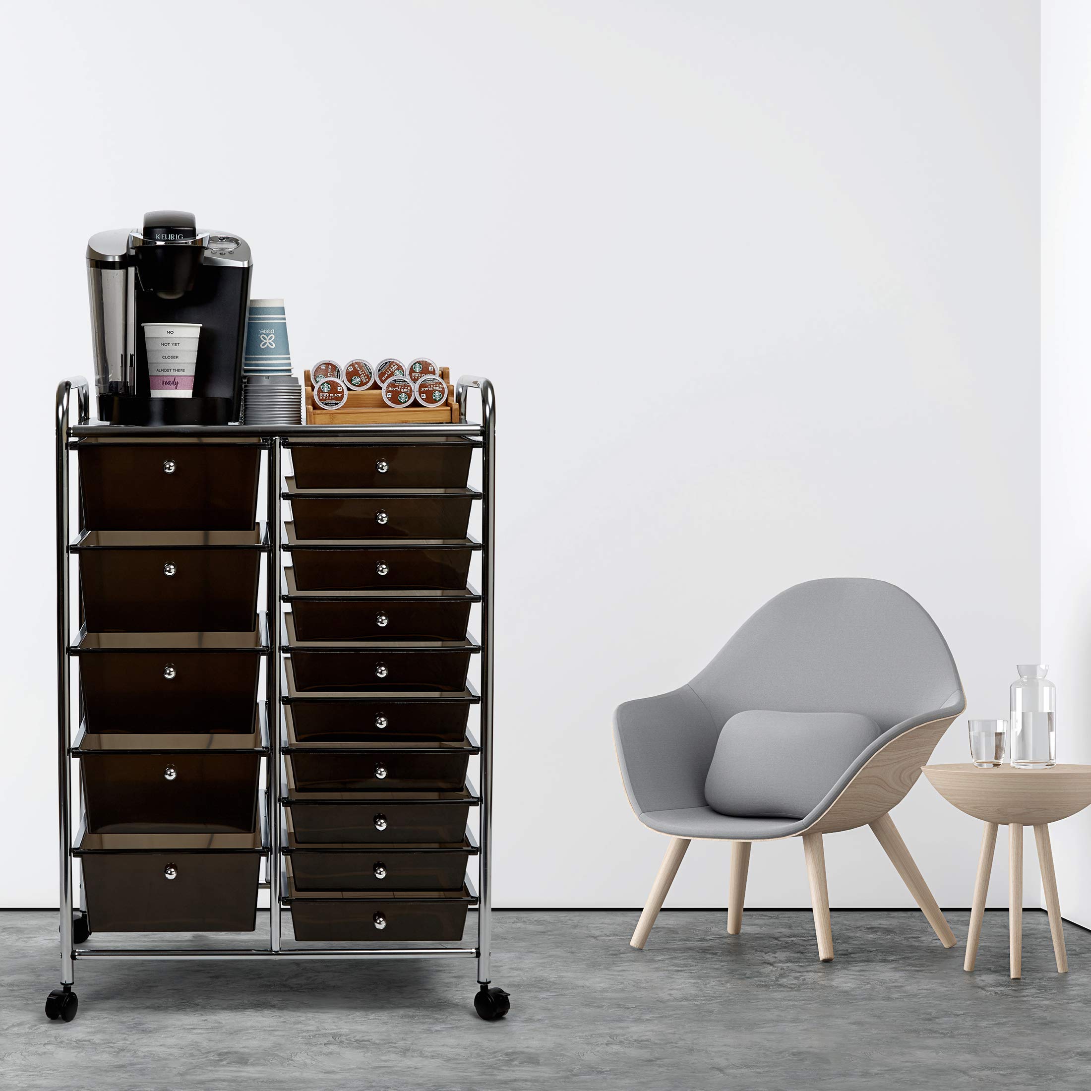 Seville Classics 15-Drawer Multipurpose Mobile Rolling Utility Storage Organizer Cart - Translucent Black | Perfect for Office, Craft Room, Garage & Home Organization