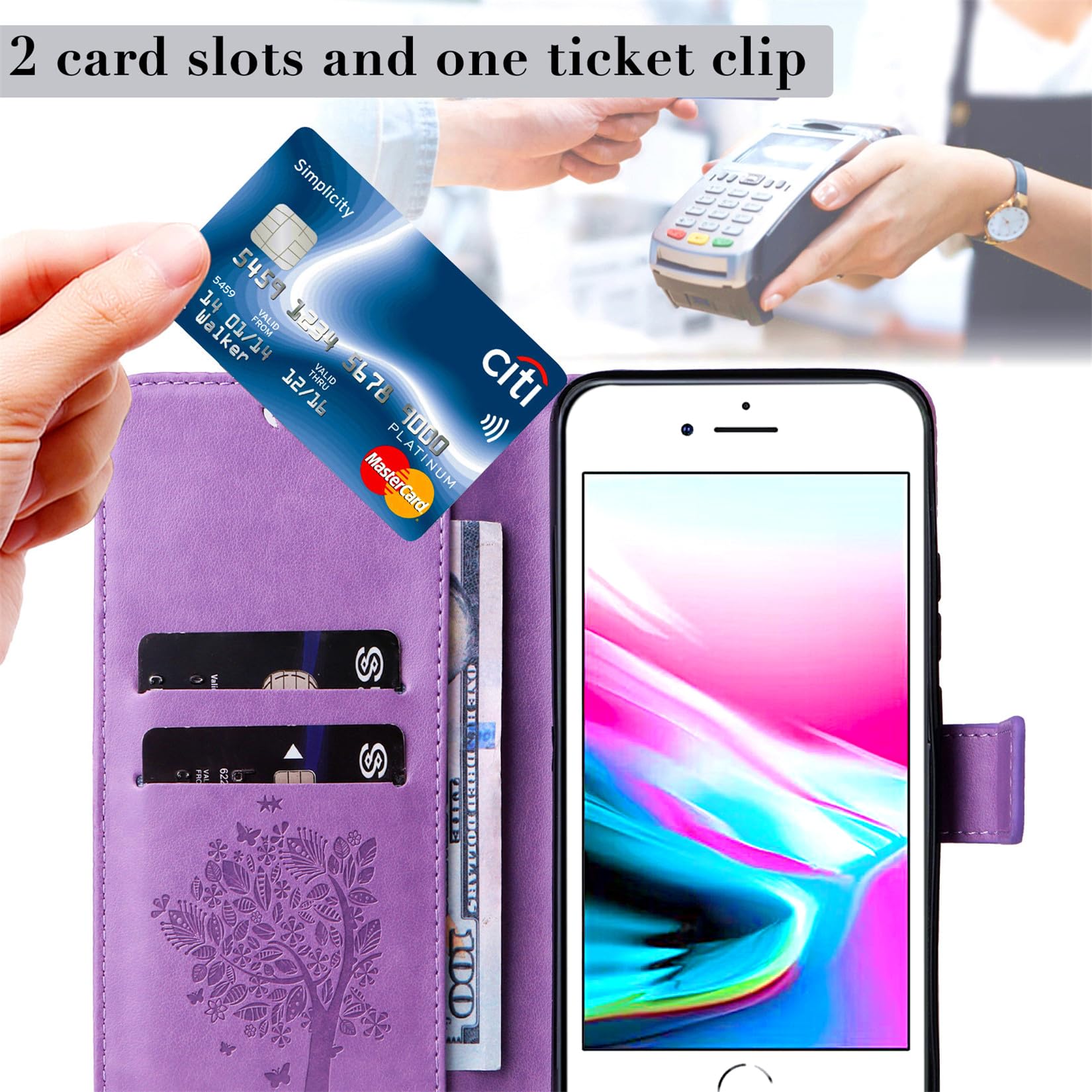 Premium Leather Wallet Case for iPhone SE 2022/2020 & iPhone 8/7 - Magnetic Flip Cover with Card Slots, Shockproof Protection & Stand Feature (Purple) | Perfect for Business Travel, Daily Commute & Hands-Free Viewing