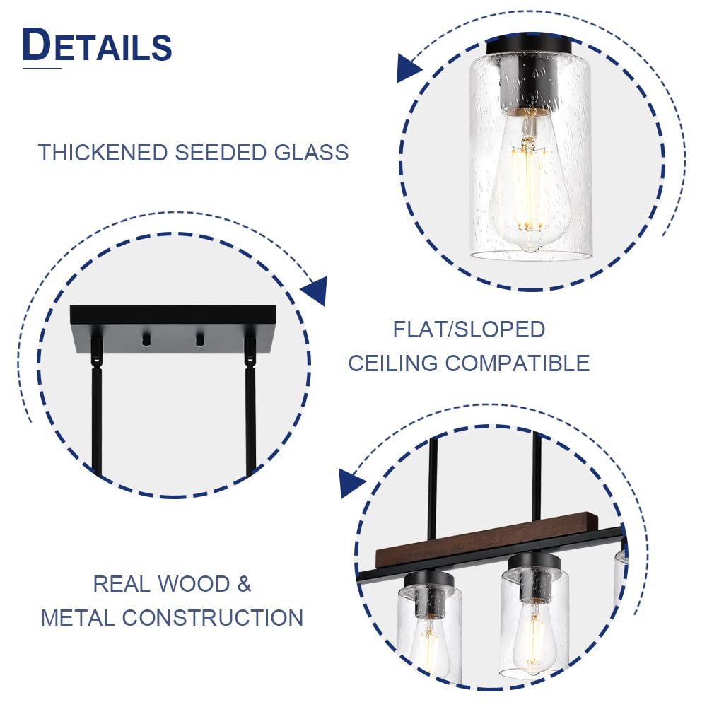 4-Lights Kitchen Island Pendant Light Fixture - Seeded Glass & Solid Wood Frame Linear Chandelier for Dining Room, Living Room - Perfect for Farmhouse, Modern & Industrial Home Decor