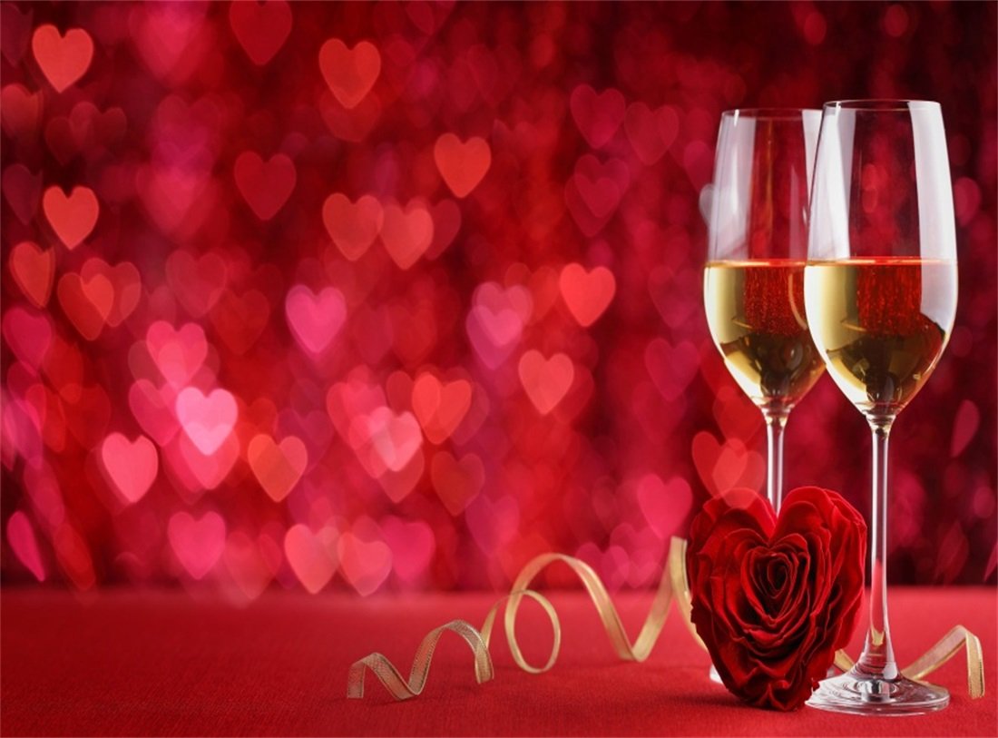 Leowefowa 9x6FT Vinyl Valentine's Day Backdrop - Champagne Red Rose with Ribbon, Bokeh Sparkle Hearts Design for Romantic Wedding Photography, Anniversary Party, Couple Photo Shoot, Princess Theme Studio Props
