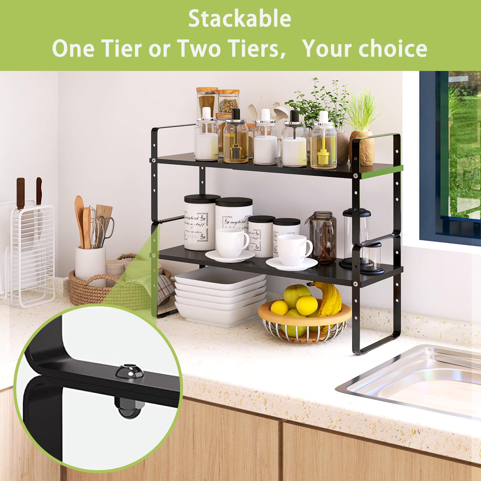 Expandable Cabinet Shelf Organizer Rack - Stackable Kitchen Countertop Storage Shelf - Adjustable Height Pantry Organizer & Spice Rack (Black, 2 Pack) - Perfect for Small Spaces, Kitchen Countertops, Pantry Shelving & Bathroom Organization