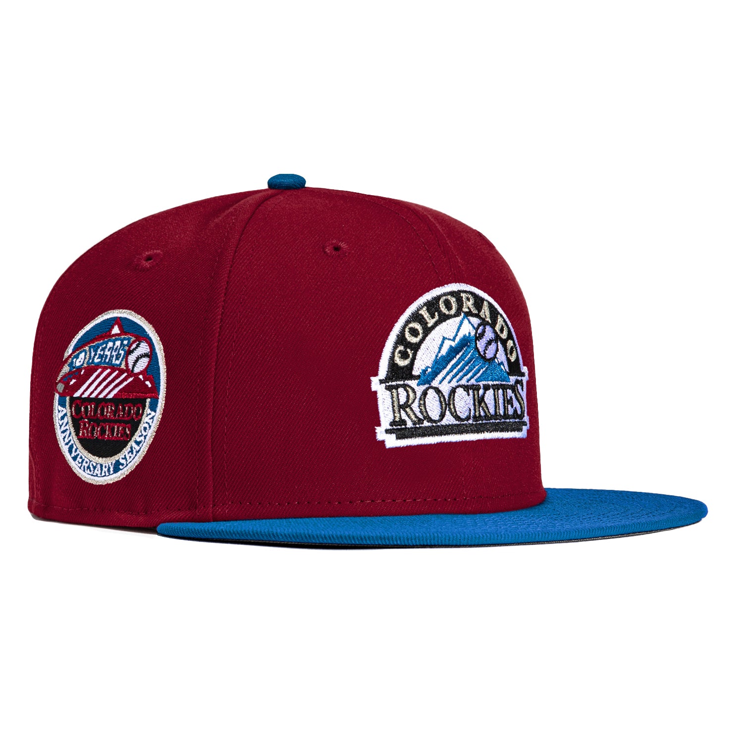 New Era 59Fifty Colorado Rockies 10th Anniversary Patch Logo Baseball Cap - Cardinal & Indigo Colors | Perfect for Baseball Games, Sports Fans & Streetwear Fashion
